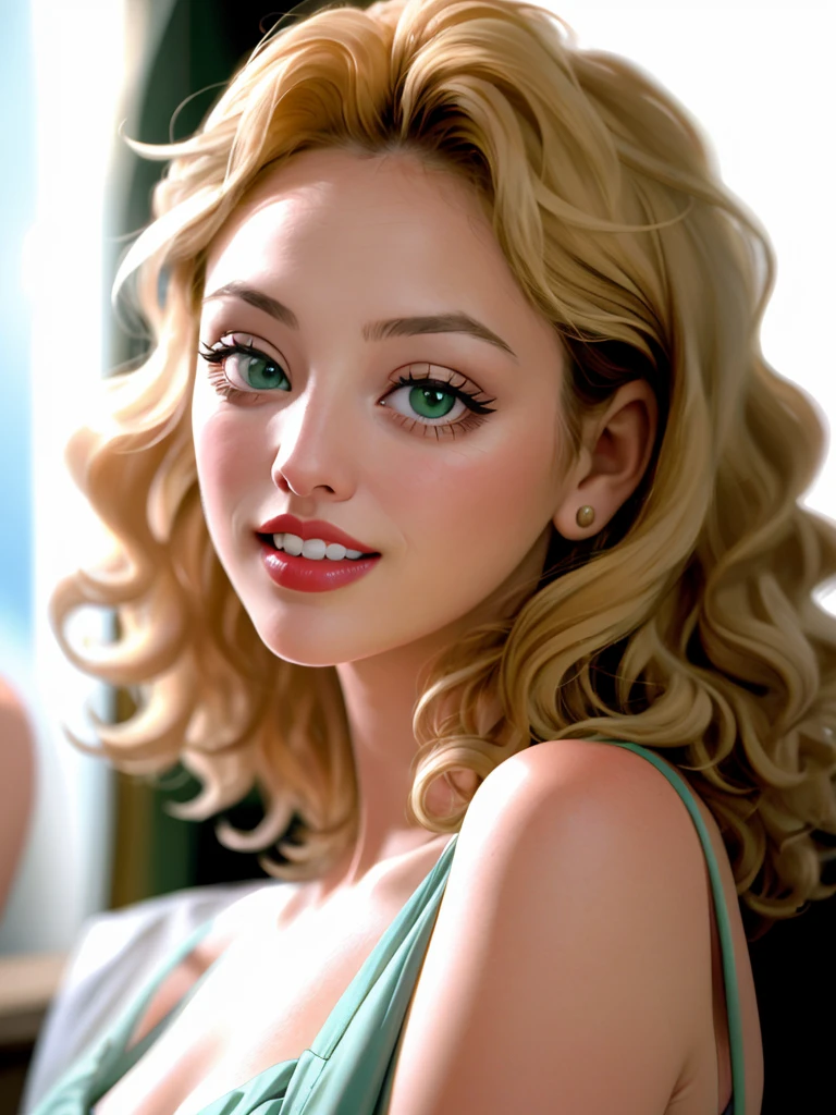 Realistic photo of a beautiful v1rg1n14m woman,1girl, solo, short hair, blonde hair, green eyes, parted lips, teeth, lips, eyelashes, looking away, portrait, curly hair, realistic, red lips, soft lighting, professional Photography, Photorealistic, detailed, RAW, analog, sharp focus, 8k, HD, DSLR, high quality, Fujifilm XT3, film grain, award winning, masterpiece<lora:v1rg1n14m:1.0>