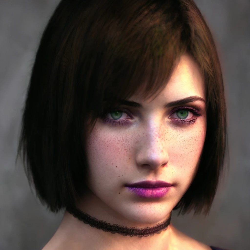 SH4EileenGalvin, purple dress, short hair, young adult, 1girl, green eyes, brown hair, choker, closeup, intricate details,  natural skin pores, freckles, mole under mouth, cinematic, dark shot, muted colors, film grainy, soothing tones, muted colors, <lora:SH4_EileenGalvin_by_vinrax:1>