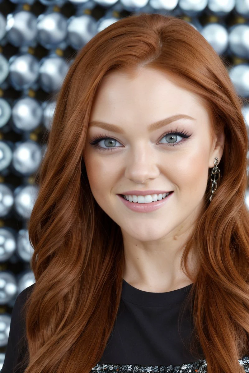 closeup headshot of S410_FarrahFlower,an attractive woman,in front of a (sequin wall:1.1),wearing a (shirt:1.1),(smiling),(4k, RAW photo, best quality, 50mm, depth of field, ultra high res:1.1),(intricate, photorealistic, cinematic-shot, masterpiece, ultra-detailed:1.1),