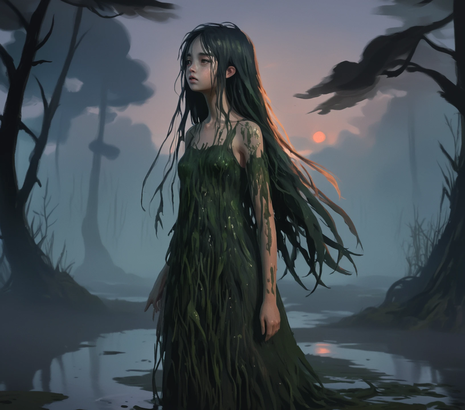 portrait, Character Design, side view, seaweed slime dress, swamp, mud fairy girl with messy long hair, dark forest, sunset, darkness, fog, front view, long hair, painterly style