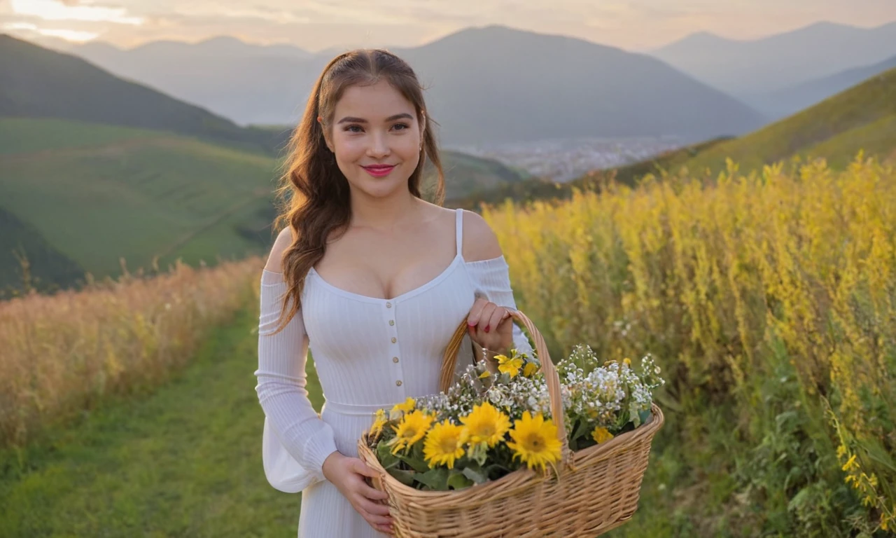 rojwoman, smiling, busty, cleavage, sexy outfit, carrying a basket of flowers on a field, mountains in the background, golden hour
