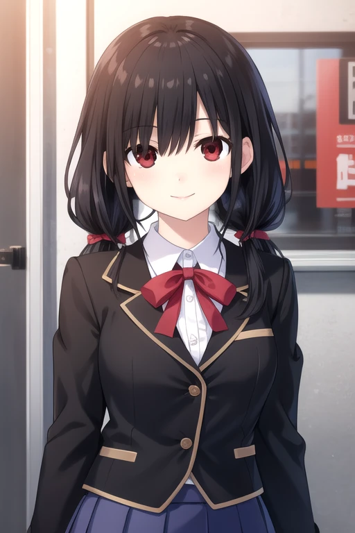 ((masterpiece)),(best quality),official art,extremely delicate and beautiful,extremely detailed CG,unity 8k wallpaper,ultra detailed,beautiful detailed eyes,extremely detailed face,outdoors,1girl,solo,upper body,(portrait:1.5),looking at viewer,facing viewer,smile,Tokisaki Kurumi,very long hair,black hair,low twintails,red ribbon,hair over one eye,bangs,red eyes,school uniform,black jacket,white shirt,collared shirt,medium breasts,long sleeves,pleated skirt,miniskirt,blue skirt,black pantyhose,loafers,<lora:Tokisaki Kurumi(dal)-Remake>,<lora:TSNeptunia-000045:0.5>,