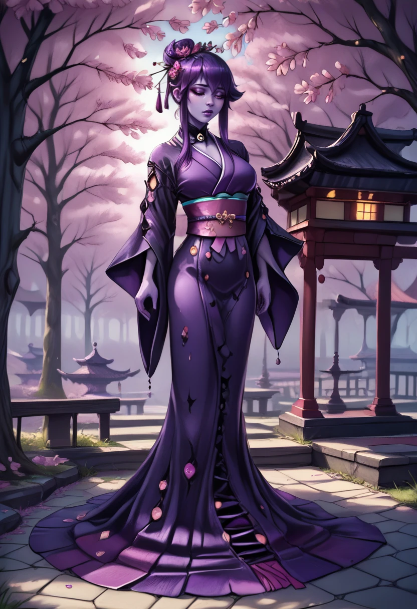 sh0ggoth, score_9, score_8_plus, score_7_plus, score_6_plus, Gothic style, purple skin, 1girl, solo, full body, beautiful, high quality, best quality, highres, high detail, atmospheric lighting, Japanese kimono, traditional design, submissive pose, serene garden setting, cherry blossoms, sunset hues, vibrant, detailed, 8k resolution, <lora:MGE_-_Shoggoth_-_Pony:1>, <lora:RealisticAnime:0.8>