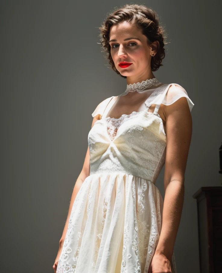 RAW photo, subject, 8k uhd, dslr, high quality, film grain, Fujifilm XT3, professional photo, (detailed skin:1.3), high quality, <lora:Overhead_Lighting:0.65> , overhead lighting, light coming from above, hard shadows, looking down, short hair, halo, tilted head, tight dress, solo focus, cowboy shot, baby blue dress, portrait, head tilt, white lace, pale, victorian, red lipstic,