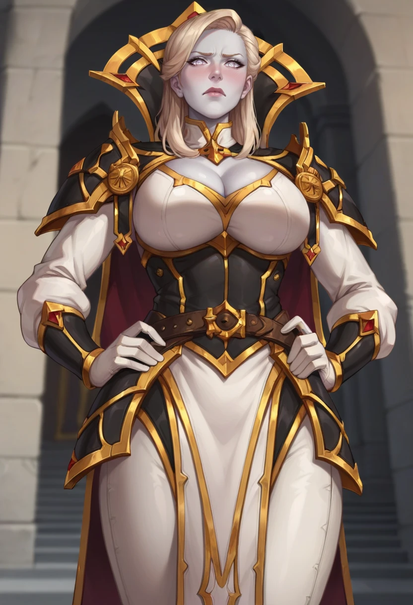 score_9, score_8_up, score_8, source_anime, 1girl,  <lora:CaliaMenethil:0.65> solo, breasts, huge breasts, cleavage, colored skin, grey skin, blonde hair, white eyes, armor, gloves, shoulder armor, pauldrons, belt, pelvic curtain, view from below, looking at viewer, blush, embarrassed, angry, standing on castle wall, hands on hips, 
castle background, blurry background,