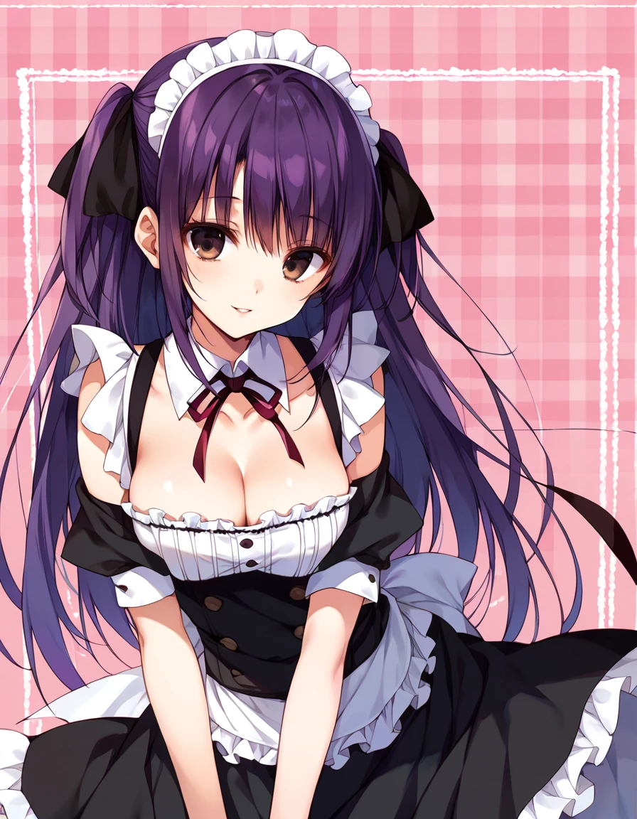 score_9, score_8_up, score_7_up, source_anime,
cinematic, dramatic,
<lora:inkr_pony_v1:1> inkr,
1girl,solo, cute petite, smile, parted lips, looking at viewer, purple hair, long hair, two side up, black hair ribbon, bangs, medium breasts, brown eyes, black eyes, waitress, black dress, white shirt, frills, bare shoulders, cleavage, detached collar, meid maid headdress, miniskirt, white thighhighs, garter belt,
simple background, pink background, plaid background,