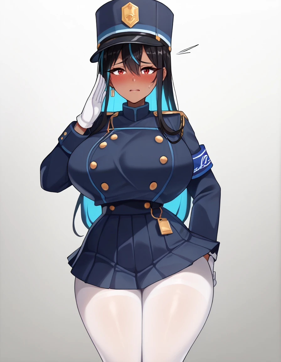 score_9, score_8_up, score_7_up, BREAK ,rating_explicit,
hikicloth, 1girl, gloves, solo, white gloves, hat, white pantyhose, uniform, blue headwear, blue pleated skirt,armband, jacket, long sleeves, blue jacket,embarrassed,blush,huge breasts,thick thighs,huge ass,wide hips,looking at viewer,
<lora:hikari nozomi cosplay XL CAME:1> <lora:indivilia CAME 2:1> indiviliani, dark skin, dark-skinned female, black hair, multicolored hair, red eyes