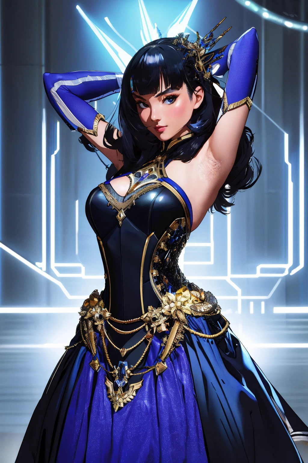 ((Masterpiece, best quality, edgQuality)),smile,medium breasts,(arms behind head)
asian edgSpo_woman,edgSpo_face,edgSpo_body,blunt bangs,<lora:edgSingaporeanDollLikenessv1:1>
ballgown,a woman with a blue face and a clear helmet ,wearing edgFut_clothing and [futuristic headpiece|visor] ,wearing a ballgown, neons, electric circuits 
 <lora:edgFuturisticGown:0.75>