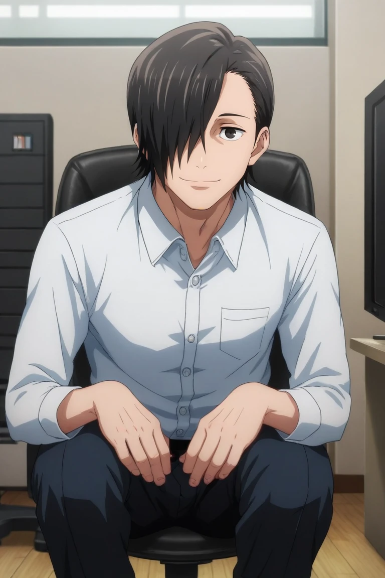 score_9, score_8_up, score_7_up, source_anime, rating_safe, , (photorealistic:0.6), looking at viewer, , 1boy, solo, male focus, <lora:junpei_yoshino_pony:0.76>, junpei_yoshino, black hair, black eyes, short hair, hair over one eye, focused, office, computers, indoors, dark, squatting, light smile, , <lora:sdxl_lightning_8step_lora:1>