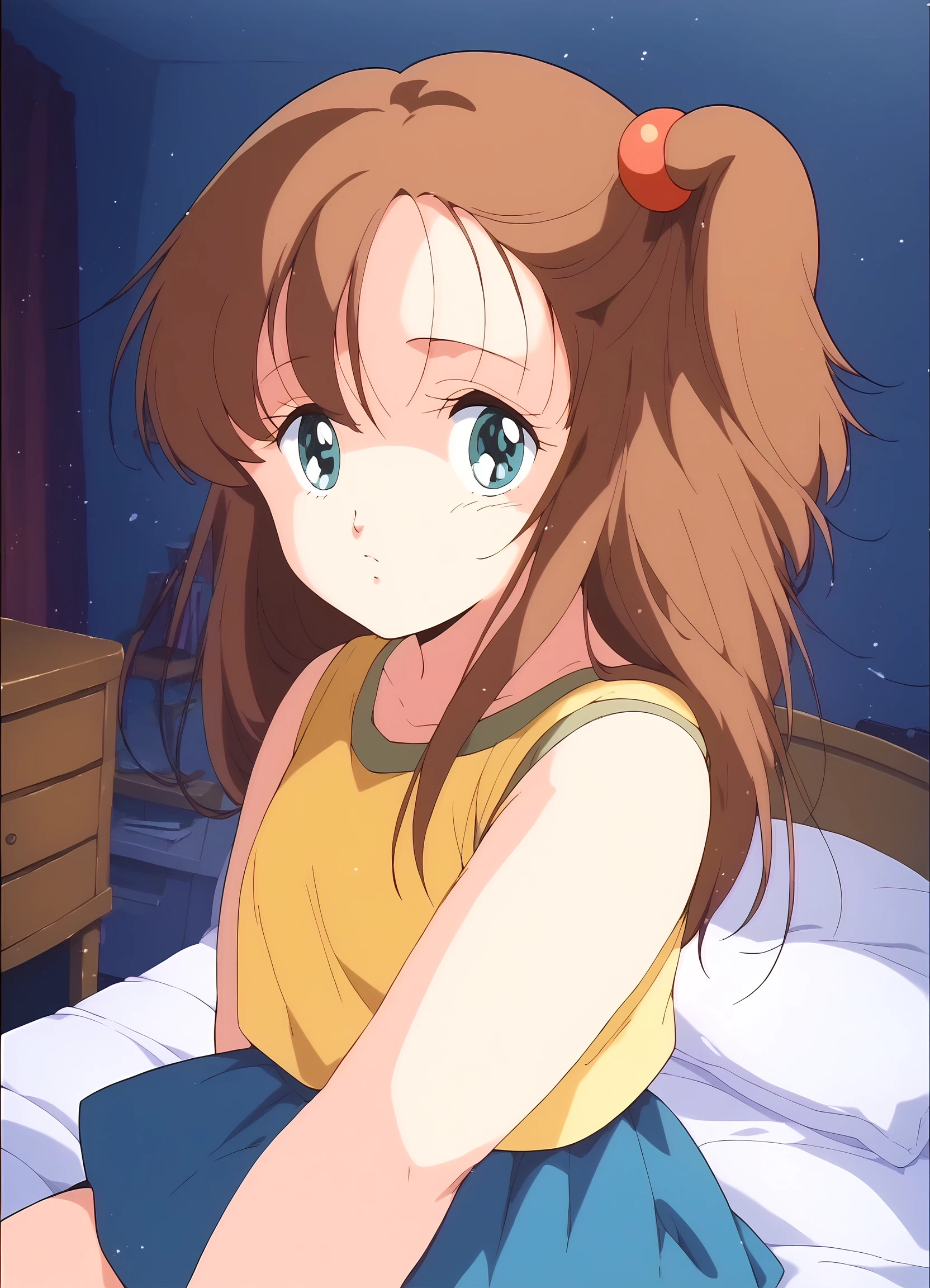 score_9, score_8_up, score_7_up, masterpiece, best quality, very aesthetic, absurdres, official art, official style, anime screencap, (game cg:1.2), megami magazine, zPDXL, zPDXLpg, <lora:plasticnovel-sdxl-pd6:0.7> <lora:Kiryu_Mako_Cream_Lemon_v1:0.9>, 1girl, kiryu_mako, solo focus, blue eyes, brown hair, one side up, hair bobbles, long hair, hair ornament, yellow shirt, sleeveless, blue skirt, pleated skirt, <lora:neg4all_bdsqlsz_xl_V91:1.0> <lora:ALTXL_pony_0061_8:1.0>, zettai ryouiki, from side, looking at viewer, dutch angle, (bedroom, messy room:1.1), on bed, night, dim lighting, light particles, bokeh,