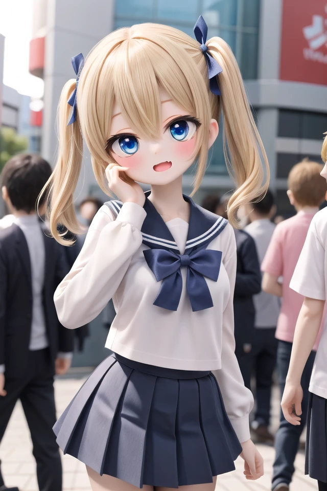 insanely detailed, absurdres, ultra-highres, ultra-detailed, best quality,
1girl, solo, nice hands, perfect hands,
BREAK
(wearing sailor school uniform, dark blue pleated skirt, white shirt),
(;3, smug, open mouth:1.3), fangs
BREAK
standing, hand on own face, 45 angle,
from below, cowboy shot, looking at viewer, tilt head
BREAK
slender, kawaii, perfect symmetrical face, ultra cute girl, ultra cute face, ultra detailed eyes, ultra detailed hair, ultra cute, ultra beautiful
BREAK
in harajuku, shibuya, tokyo, street, crowd, cityscape,
small breasts
BREAK
(gold blonde) hair, (short:1.3) twintails, blue eyes, blue hair ribbon, hair between eyes