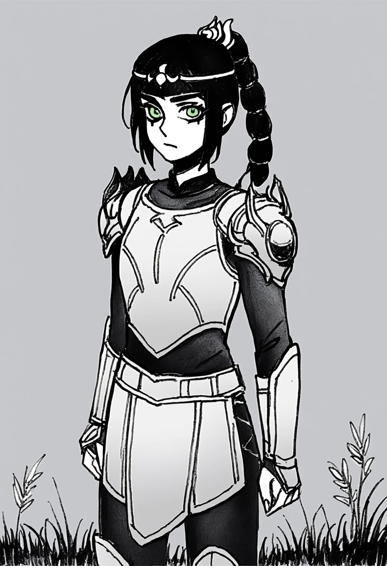 score_9, score_8_up, score_7_up, score_6_up, score_5_up, score_4_up, BREAK, source_anime, monochrome, greyscale, 1girl, solo, shadowheart, black hair, braided ponytail, green eyes, scar on face, circlet, looking at viewer, armor, standing, grass, meadow background <lora:ShadowHeartXL:0.8>     <lora:OmoriXLLoconV2:1>