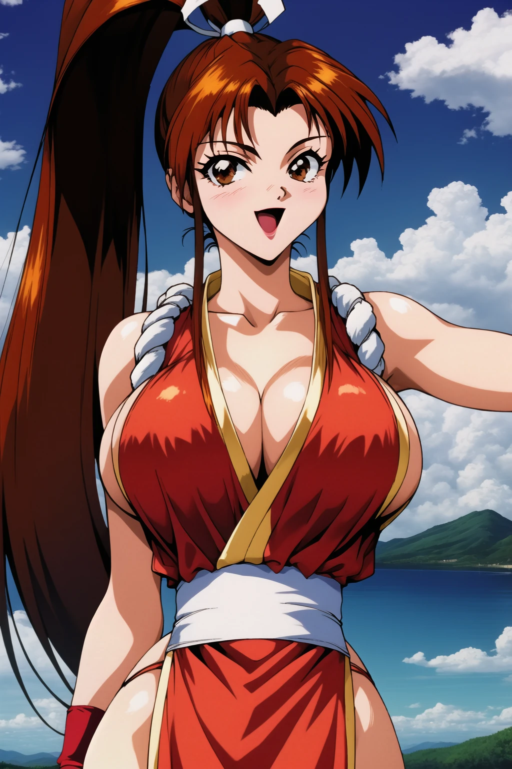 best quality, ultra-detailed, high resolution, mai shiranui, maims, (cleavage, huge breasts:1.2), pelvis curtain, (red japanese clothes), revealing clothes, rope, sash, 1990s \(style\),retro artstyle,1990s anime cels style, japan, traditional, outdoors, squatting, spread legs, looking at viewer, sideboob, (nose blush), smile, closed mouth, from front