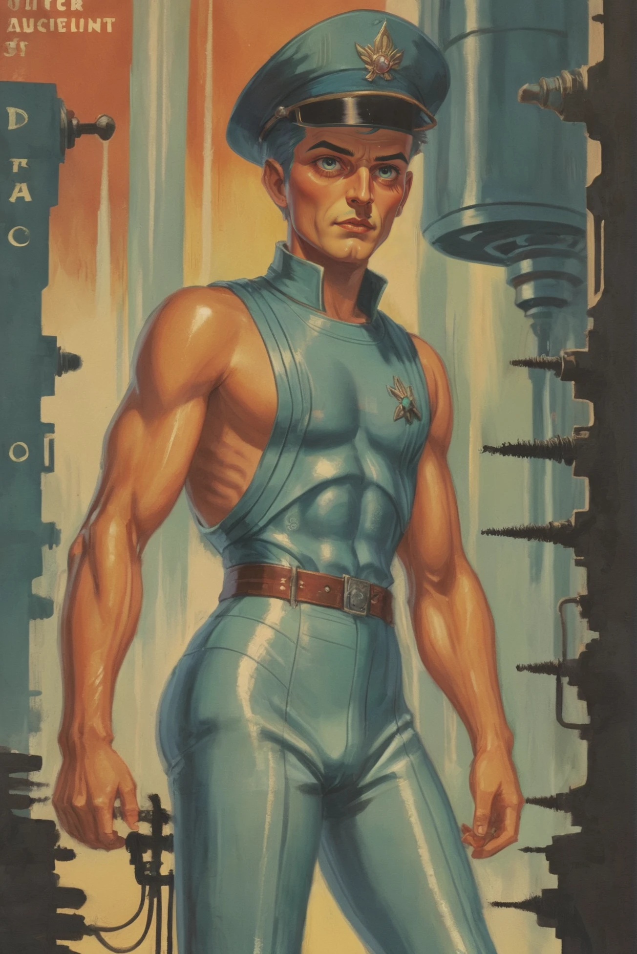 vintage 1940s pulp scifi poster, (full body:1.2), 1boy, man, masculine, solo, [:outlandish costume design,:0.2] admiral, caucasian, darkturquoise hair, (athletic:1) build<lora:EnvyStarlightPulpScifi01:1>