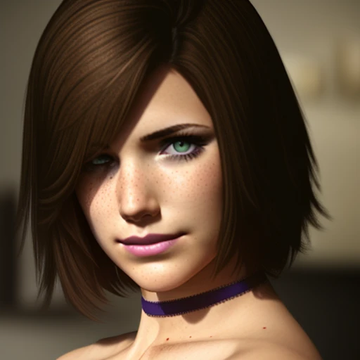 sh4eileengalvin, 1girl, looking at viewer, bare shoulders, medium breasts, short hair, brown hair, green eyes, purple dress, black choker, realistic, ((blood on face, injury)), skin unperfections, natural skin pores, freckles, mole under mouth, <lora:SH4_EileenGalvin_by_vinrax:1>