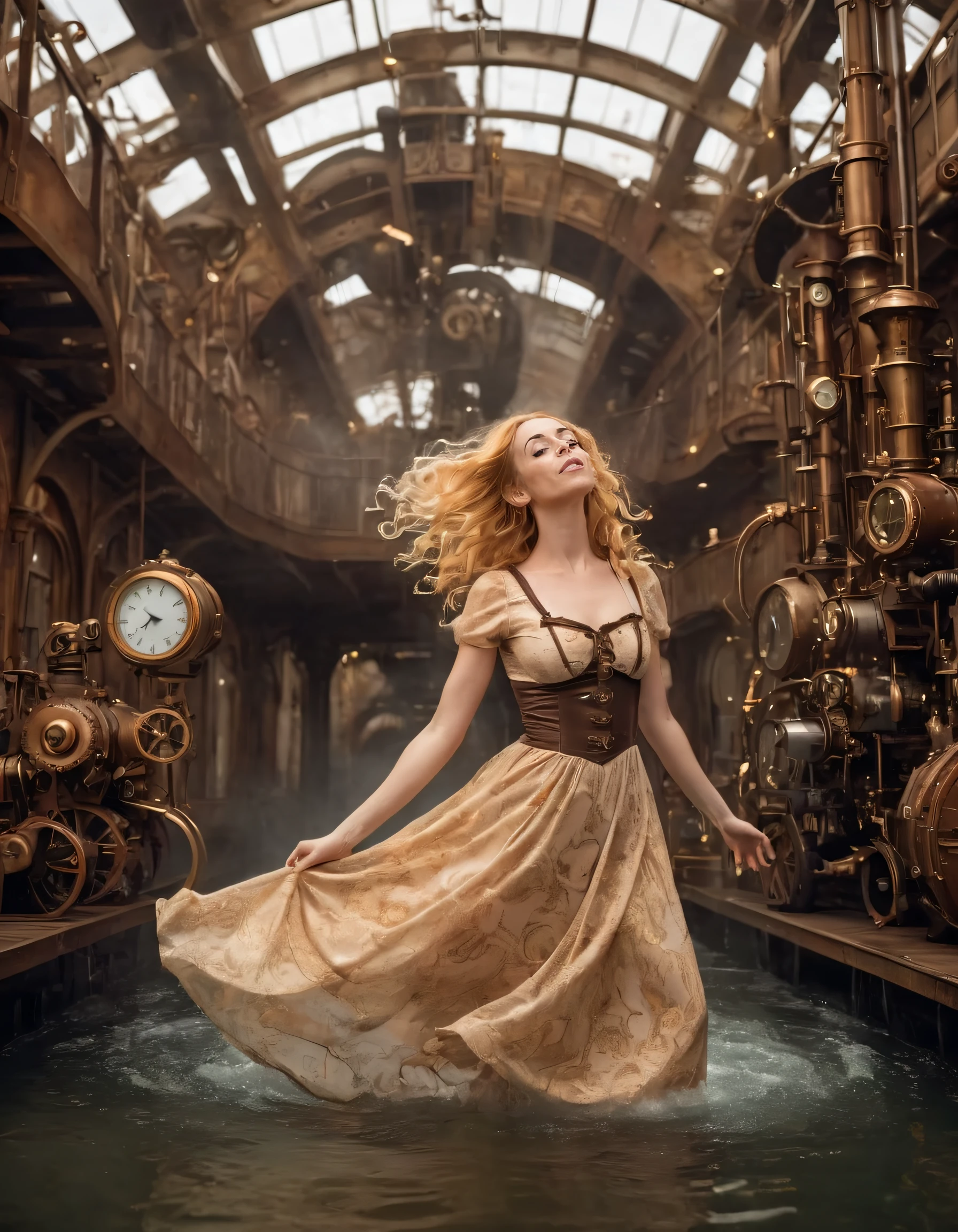 In this fantastically surreal scene, Kelsey, dressed in her vintage-inspired dress that seems to breathe life into the steampunk-themed setting, effortlessly embodies elegance and grace as she floats through a world of whimsical wonder, capturing the attention of all who bear witness. Her flowing golden hair swirls around her face, trailing behind a glimmering magic that evokes a sense of determination and beauty unparalleled in this surreal environment, as she remains focused on some unseen horizon, revealing her resilient spirit and undeniable charm. <lora:sjynih18f65668682j245:1>