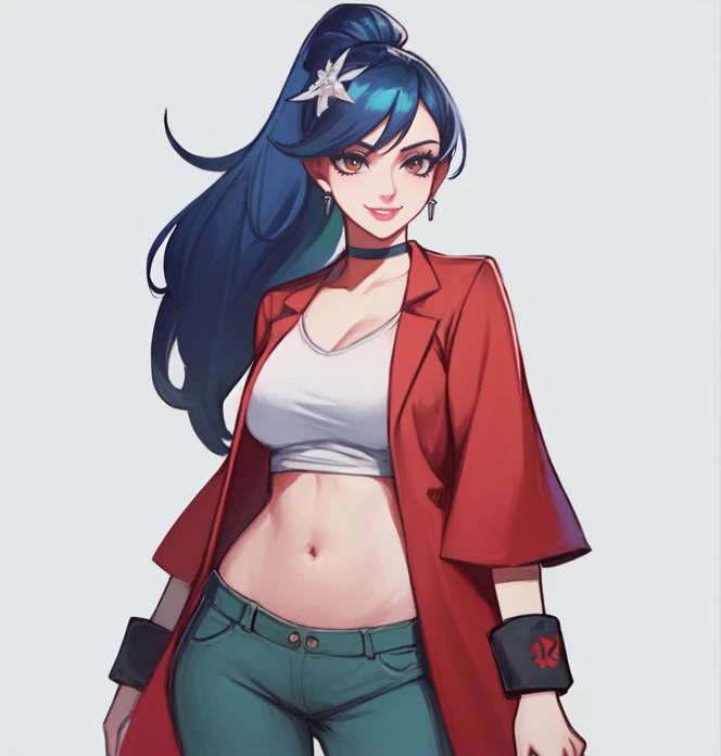 cowboy shot, solo, simple background, <lora:shiraizumiTamako(MMBN):0.5>, shiraizumi_tamako, long hair, navel, pants, midriff, green pants, red choker, smile, crop top, hair ornament, tank top, blue hair, long ponytail, red coat, wide sleeves, white tank top, wristband, standing, highres, Digital art, trending on artstation, best quality, insanely detailed, masterpiece, stunning environment, wide-angle,