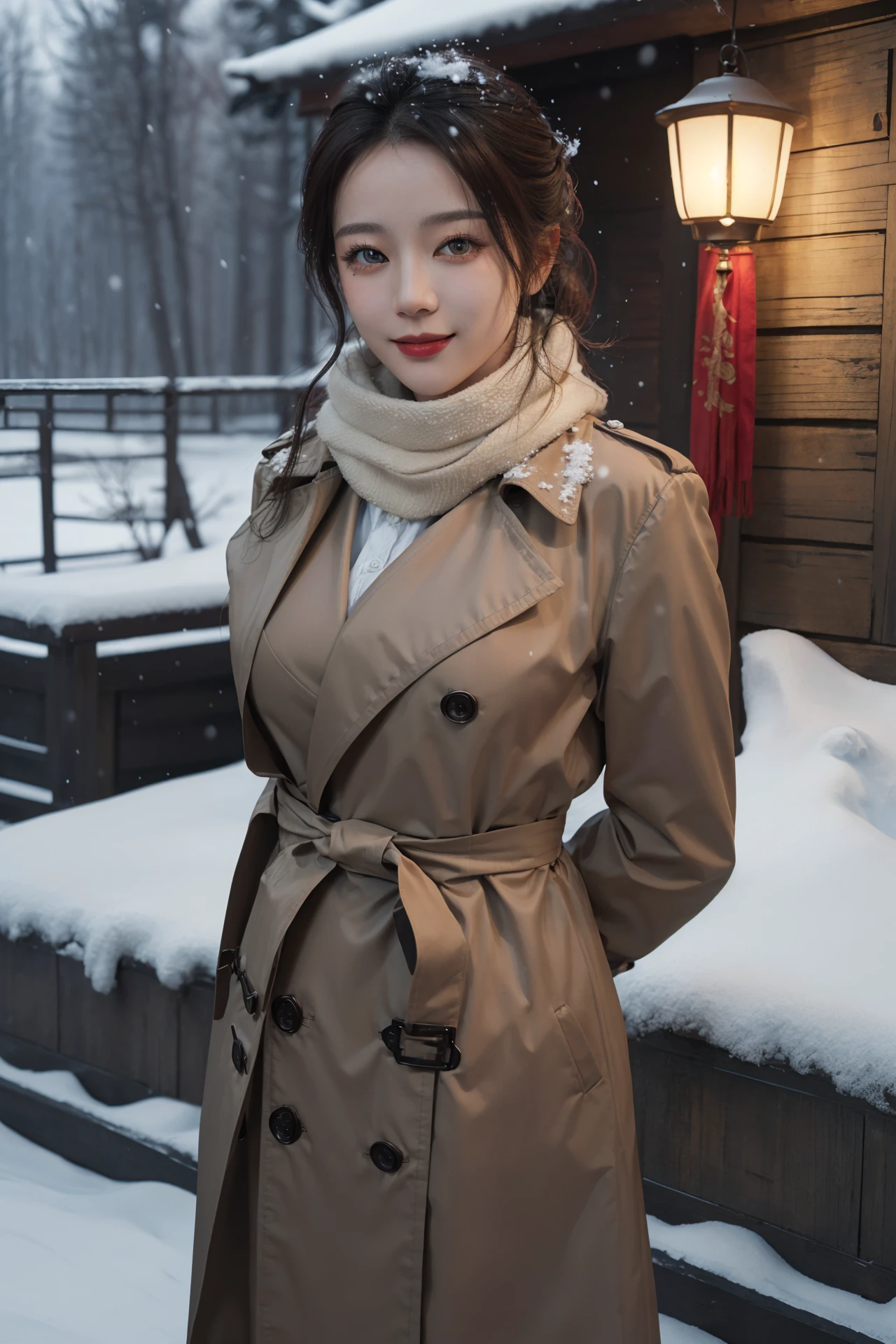 (4k, best quality, highres, absurdres, masterpiece:1.21), (realistic:1.331), detailed and intricate,
cinema light, (authentic skin texture:1.3),
1girl, perfect body, medium breasts, shiny skin,
light smile, arms behind back,
scarf, trench_coat,
chinese style architecture, snowing, snowflakes, winter, lamp,
<lora:add_detail:0.3>, <lora:girlslike_dlrb:0.7>