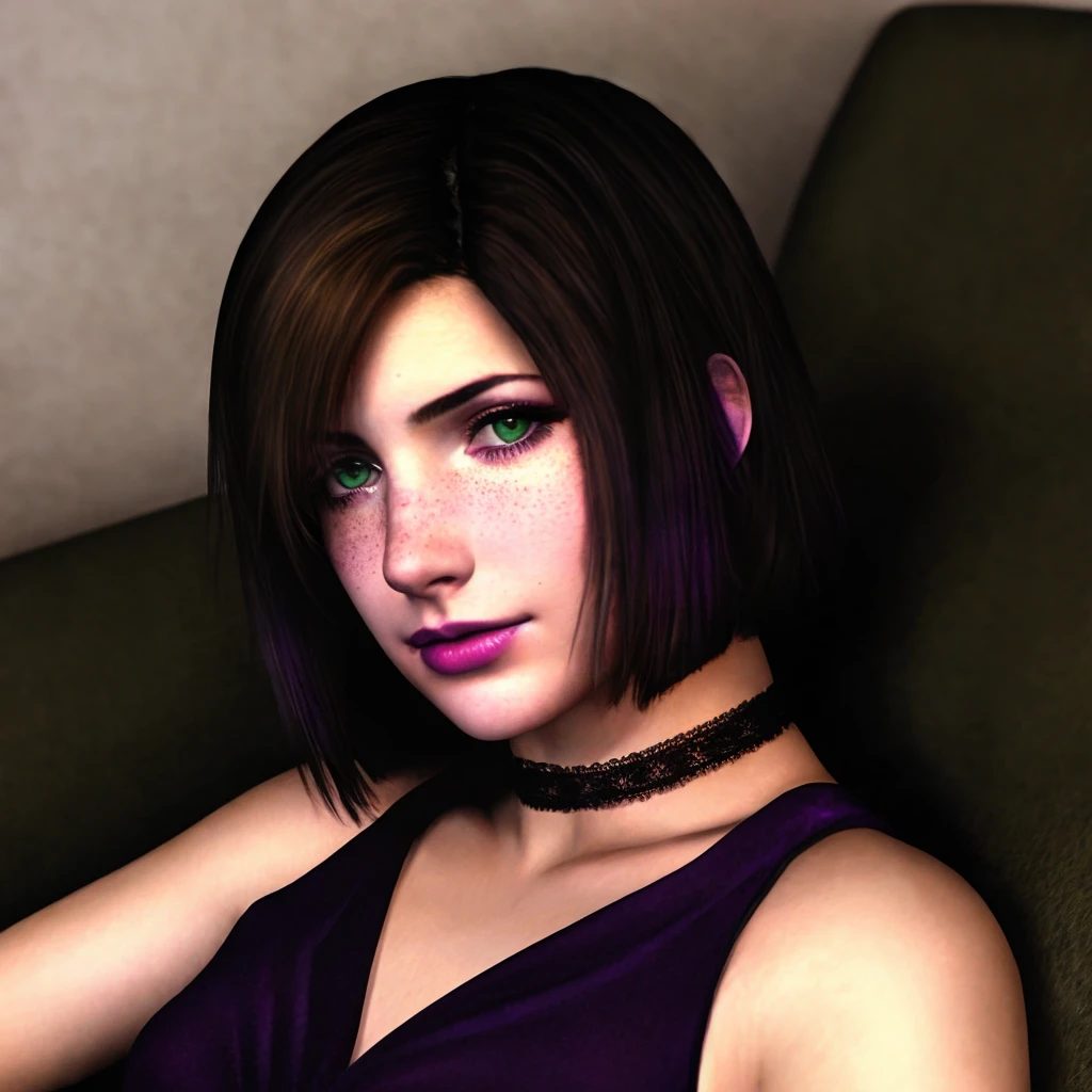 SH4EileenGalvin, purple dress, short hair, young adult, 1girl, green eyes, brown hair, choker, closeup, intricate details,  natural skin pores, freckles, mole under mouth, cinematic, dark shot, muted colors, film grainy, soothing tones, muted colors, sitting on the armchair, <lora:SH4_EileenGalvin_by_vinrax:1>