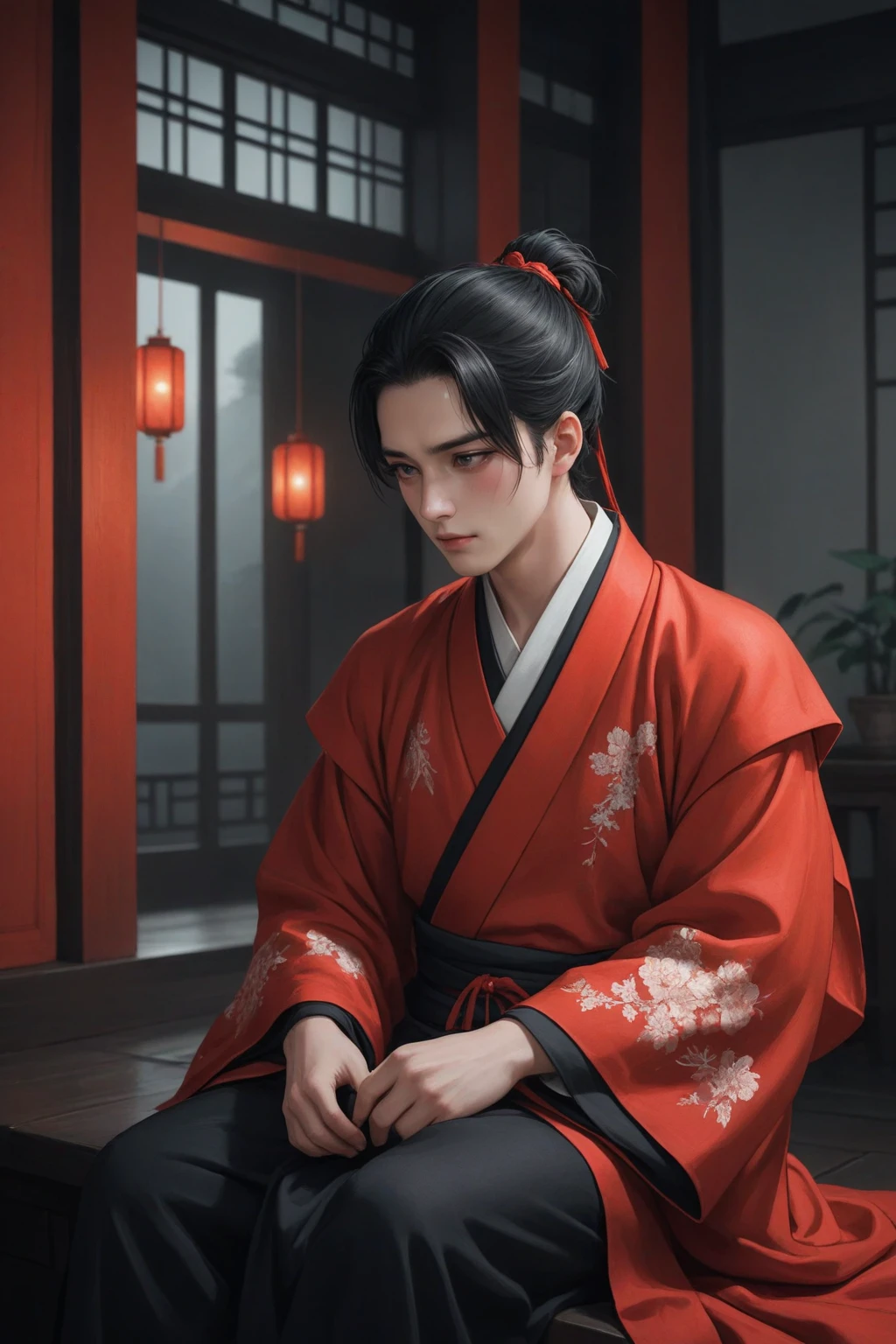 male,  pale skin, black hair, ponytail, black eyes, clothes in male red hanfu, sitting, crying, holding a red ribbon, night, china room nature interior