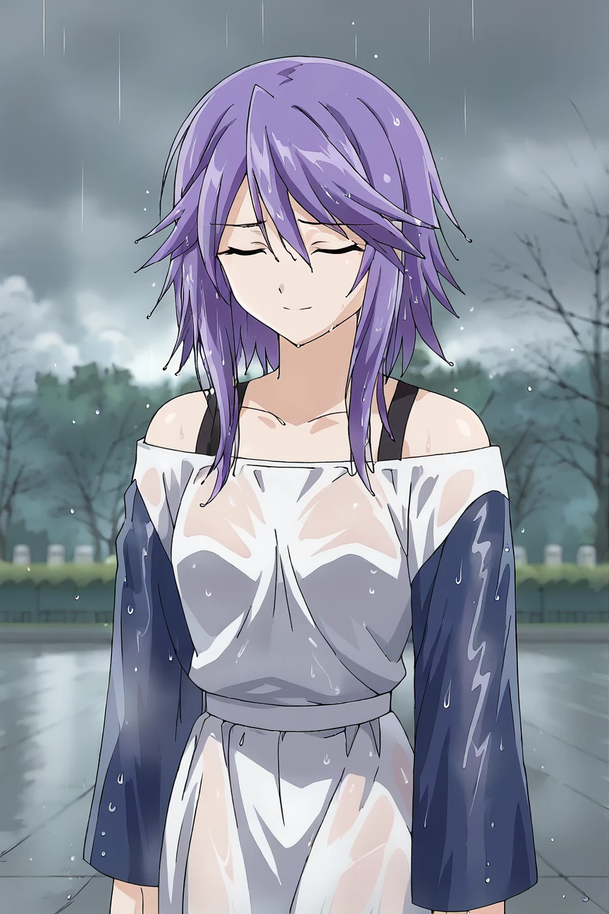score_9, score_8_up, score_7_up, source_anime,Shirayuki Mizore, <lora:Shirayuki_Mizore_Pony:1>, purple hair, wt hair from rain, messy hair, blue eyes, casual clothes, standing, under rain, standing, closed eyes, closed mouth, soft smile, raind drops, wet hair, wet dress, background park, cloudy, rain, best quality, masterpiece