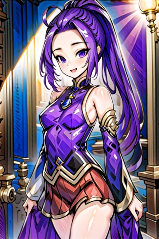 masterpiece, best quality, absurdres,intricate details,cinematic lighting,zi yan,purple hair,ponytail,long hair,detached sleeves,purple dress, skirt,standing,smilling, <lora:Zi_Yan_-_BTTH_manga-000006:1>