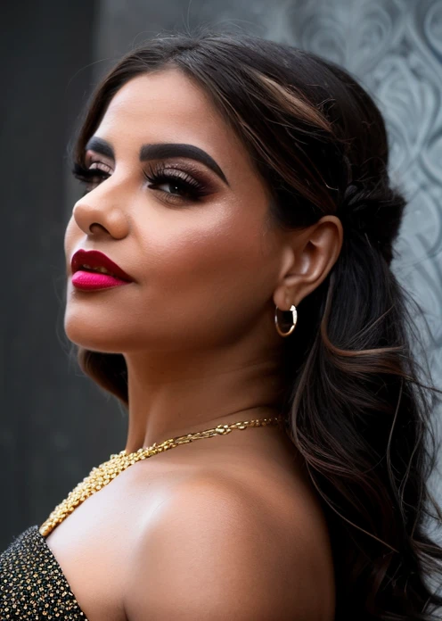 glamorous photo of a captivating masterpiece of an woman in a criss-cross neckholder dress, necklace, jewelry, earrings, half body, The intricate lace and gold details exude a very rebellious aura. ((The use of high-shine gloss adds a touch of glamour to the look)), ((while the deep red and black hues give it a dramatic vibe)), dark blurred background, studio ligthing, facing camera, shallow depth of field, <lora:MS_MalenaDoll_V1_32:0.8>, high fashion, luxurious, extravagant, stylish, sensual, opulent, elegance, stunning beauty, professional, high contrast, detailed