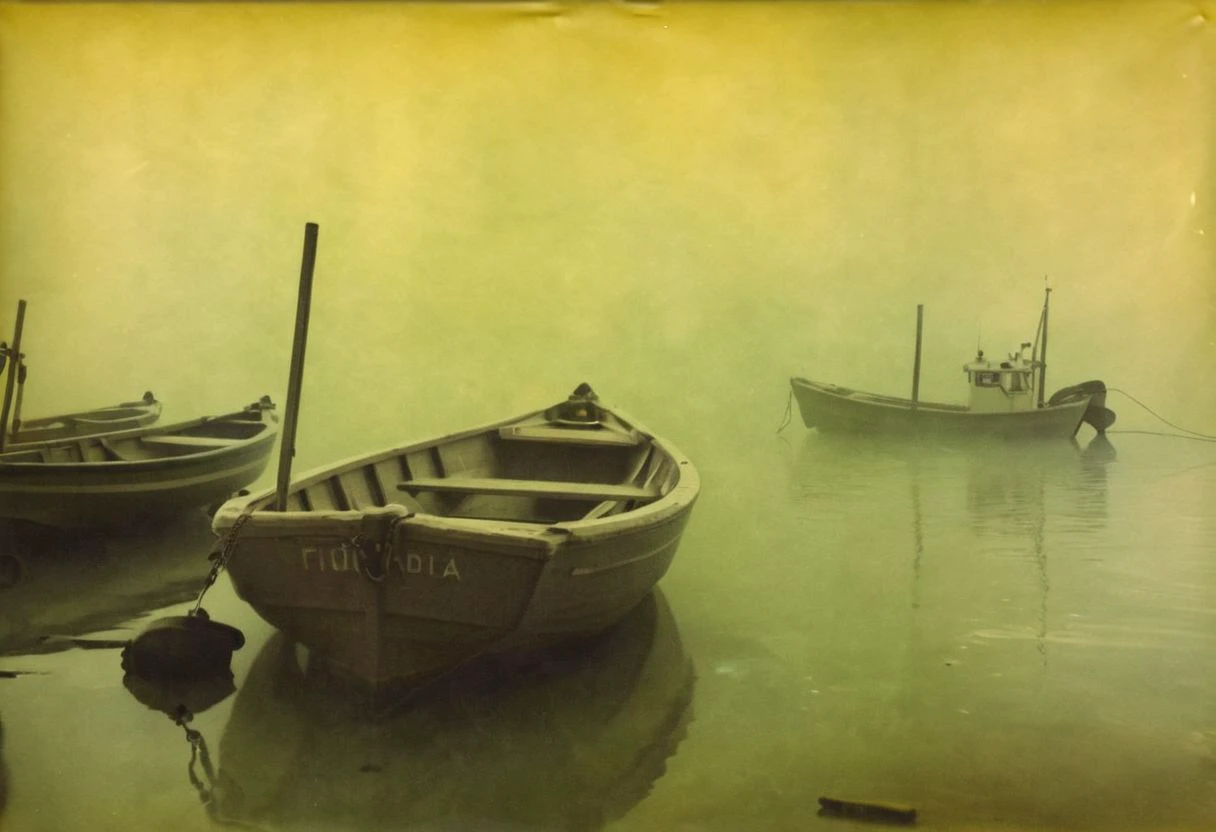 colouring_experiment_analogue, a foggy sea with some fisherboats, hard shadow