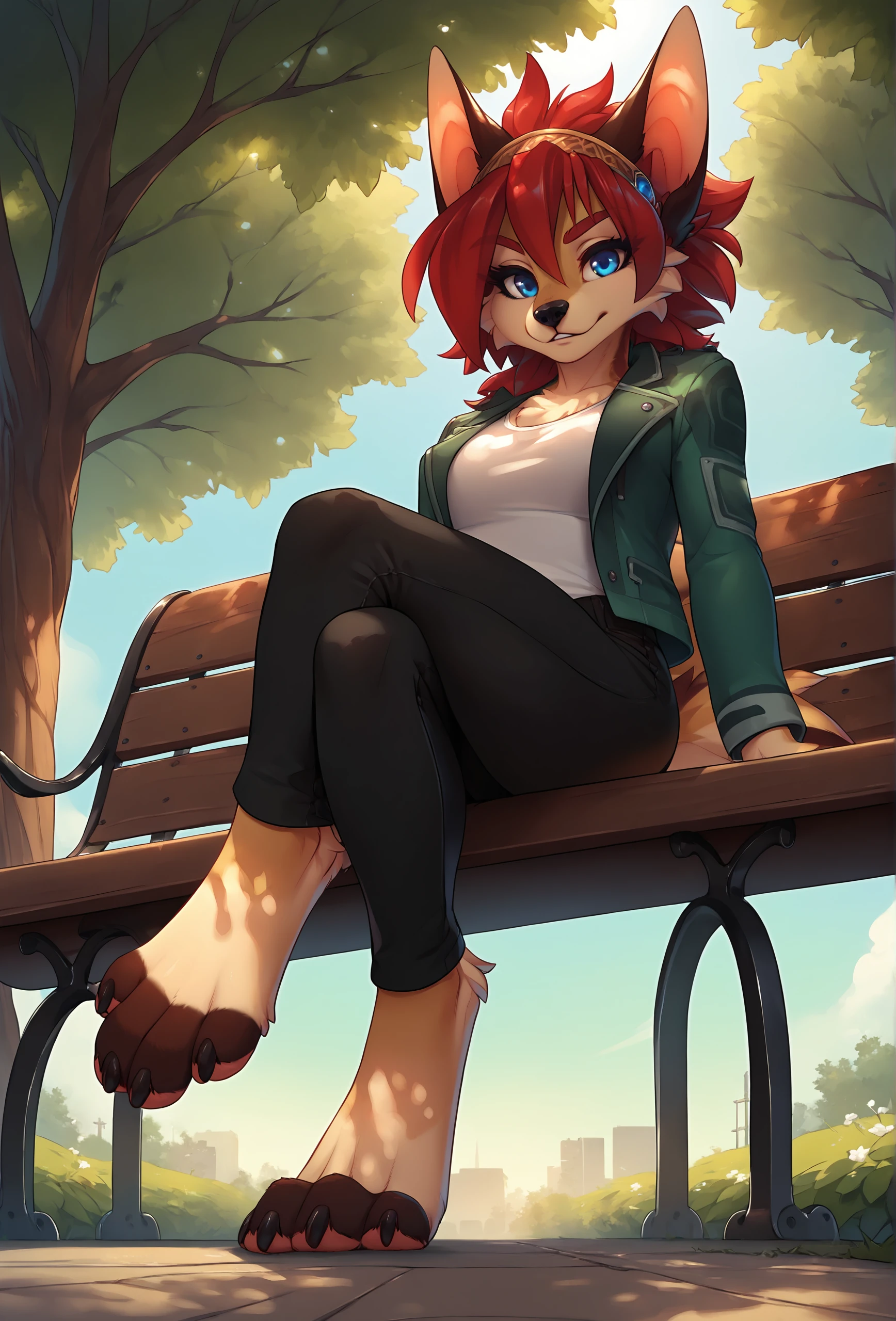 score_9, score_8_up, score_7_up, score_6_up, score_5_up, score_4_up, park, bench, dappled sunlight, tree, source_furry BREAK
 <lora:ayn_fluffkevlar_ponyXL_v1.3_0.99:1> ayn, 1girl, furry , blue eyes, red hair, looking at viewer, red eyebrows, feet, digitigrade, sitting, crossed legs, green jacket, white shirt, black pants, hairband, leaning back, from below