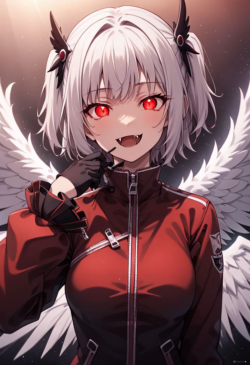 osgndkz, 1girl, solo, wings, red eyes, looking at viewer, long sleeves, smile, open mouth, upper body, fangs, bangs, :d, feathered wings, short hair, hand up, breasts, hair ornament, glowing, white wings, gloves, zipper pull tab, hair intakes, black gloves, angel wings, two side up, zipper, white hair, jacket, medium breasts, light particles, zPDXL