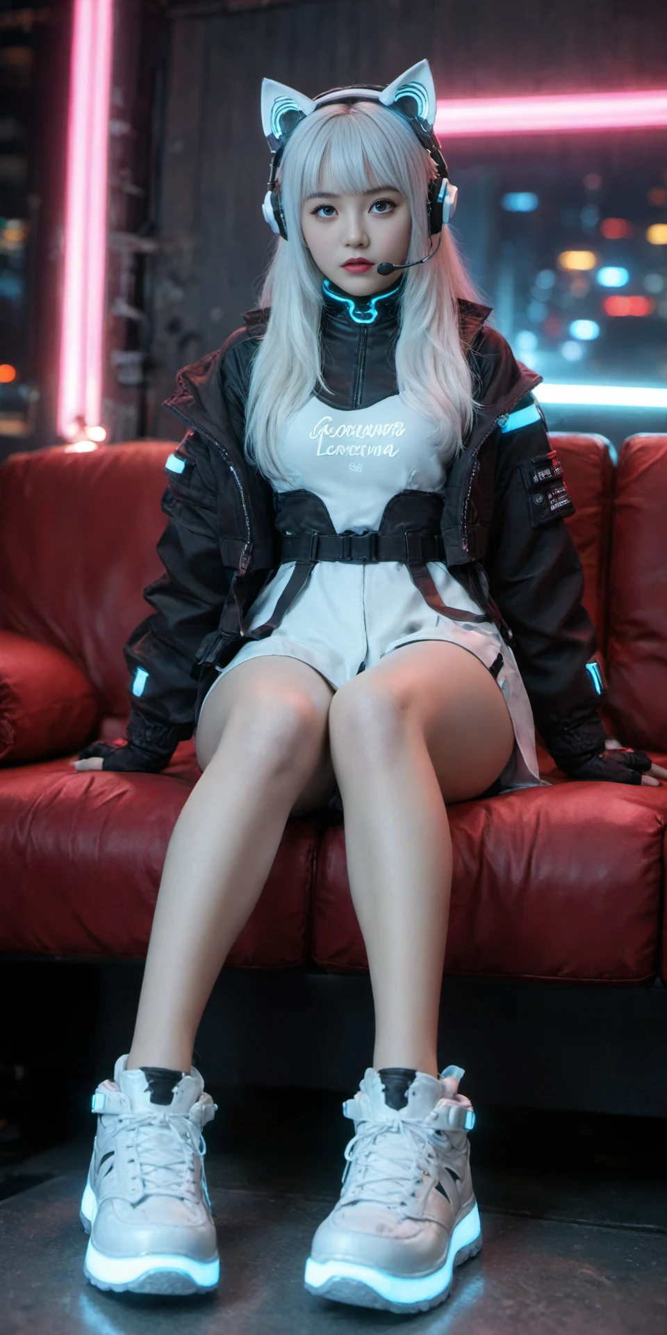 1girl,animal ears,Waist bag,bangs,cat ear headphones,cat ears,cyberpunk,headphones,headset,Combat clothing,Sitting posture,Luminous,Multi light source clothing,indoor,Oblique lateral body,full body,science fiction,Luminous clothing,Future technological background,jacket,lips,long hair,looking at viewer,neon lights,night,shoes,sitting,solo,white footwear,white hair,glowing,