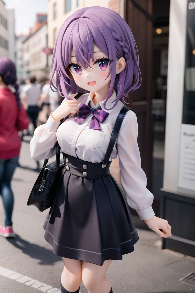 insanely detailed, absurdres, ultra-highres, ultra-detailed, best quality,
1girl, solo, nice hands, perfect hands
BREAK
braid, shirt, holding, mary janes, socks, black skirt, long hair, white shirt, suspender skirt, white socks, long sleeves, ribbon, suspenders, standing, ruffles, black ribbon, bow , black bow tie, long skirt, black bow, neck ribbon, bowtie, bag
BREAK
(nsfw:-1.5)
BREAK
happy smile, laugh, open mouth
BREAK
standing, cowboy shot, looking at viewer
BREAK
slender, kawaii, perfect symmetrical face, ultra cute girl, ultra cute face, ultra detailed eyes, ultra detailed hair, ultra cute, ultra beautiful
BREAK
in school ground, depth of field, ultra detailed background
BREAK
large breasts
BREAK
(purple hair:1.3), red eyes, milkmaid braids, hair between eyes