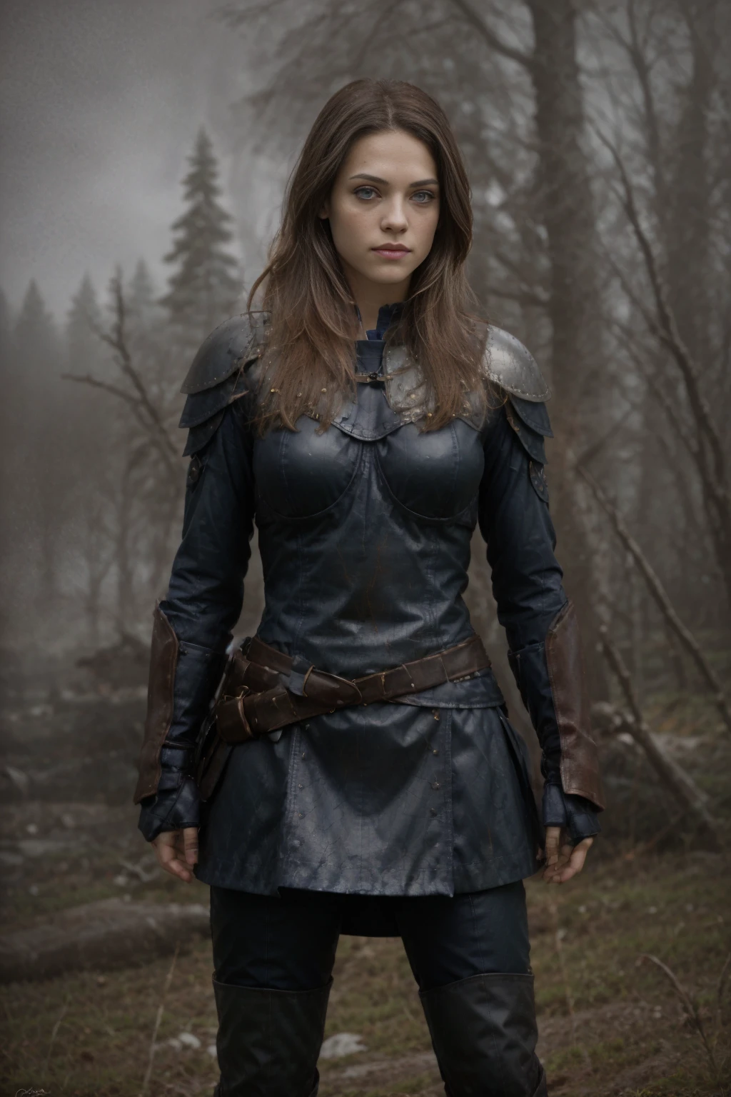 best quality, masterpiece, (opt-lyndsyfonseca2010s <lora:opt-lyndsyfonseca2010s:1>, dark brown hair, blue eyes), swedish, battlescars,looking at viewer, (full body:0.6)}, detailed background, (<lora:CulturePunkBundle-000007:0.4>, vikingpunkai, norse viking theme:1.1), nordic medieval norse ravager, fury of the old gods, dark ages, blood soaked, simple muted dark blue padded leather battle-tunic, rain, epic scene composition, norse dark fantasy atmosphere,, in the style of Bart Sears, SkinHairDetail, wide angle shot, full body, <lora:ReaLora:0.8>