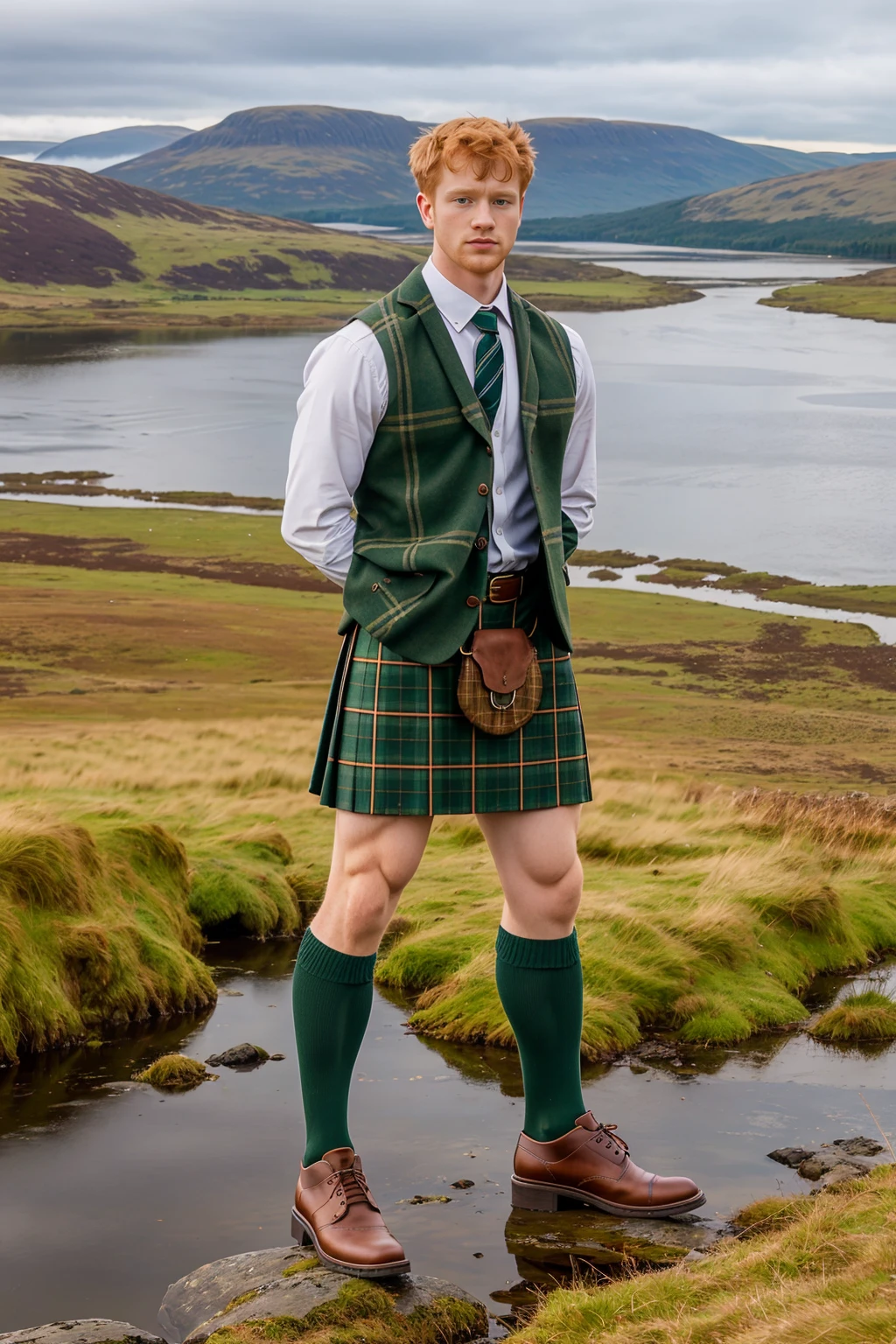 standing on a hill in the Scottish Highlands, a valley with a loch below in the background, ginger hair, JakobBergen is dressed in a green plaid kilt, kilt shirt, sporran, long highland socks, plaid socks, Ghillie shoes, masterpiece, (((full body portrait))) , wide angle   <lora:JakobBergen:0.8>