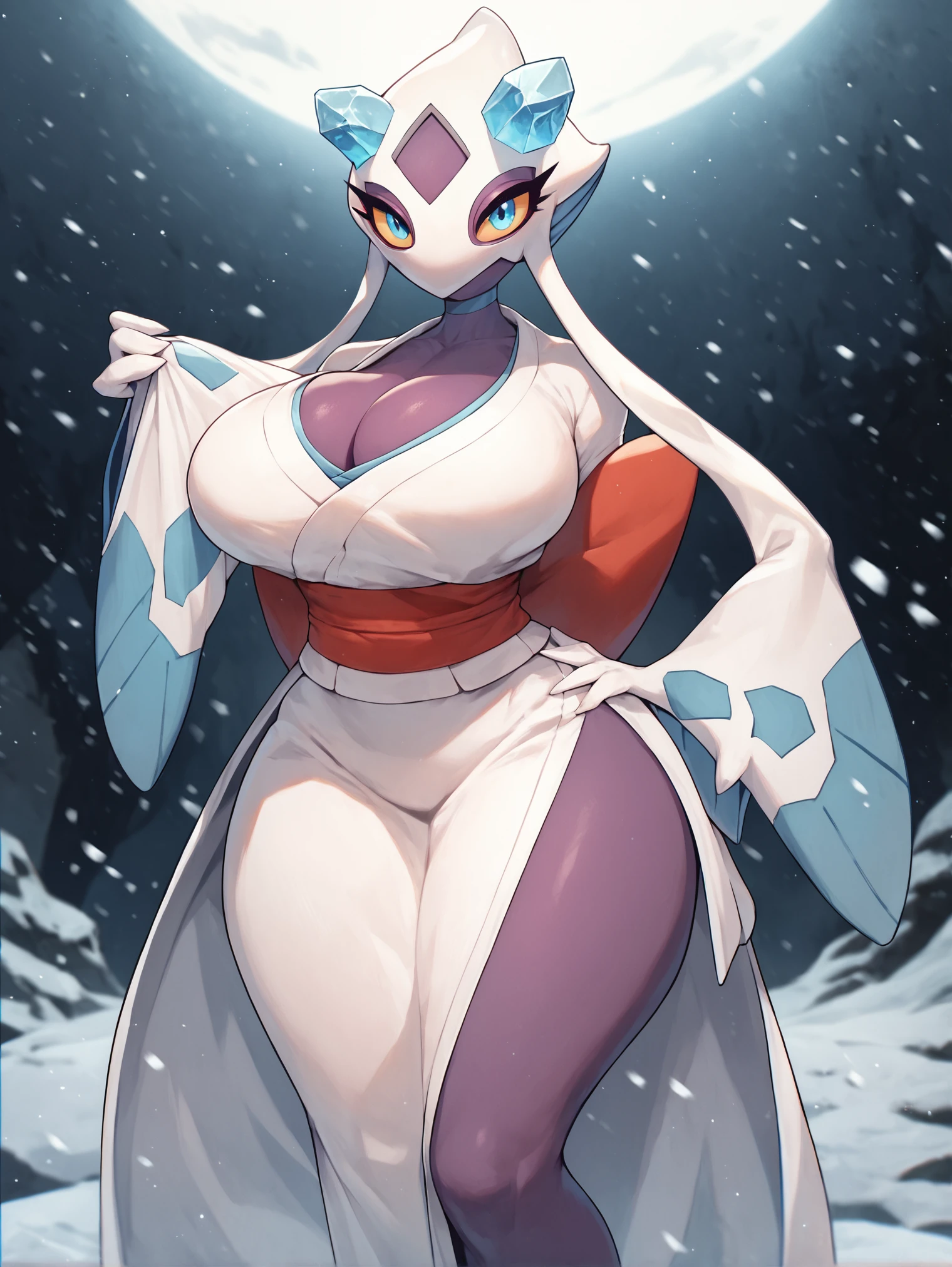 score_9, score_8_up, score_7_up, score_6_up, score_5_up, best quality, highres, BREAK
<lora:froslass3ksteps:1>,
1girl female, pokemon \(creature\), (froslass:1.1), white kimono, red sash, looking at viewer, floating, wide hips, thick thighs, big breasts, cleavage