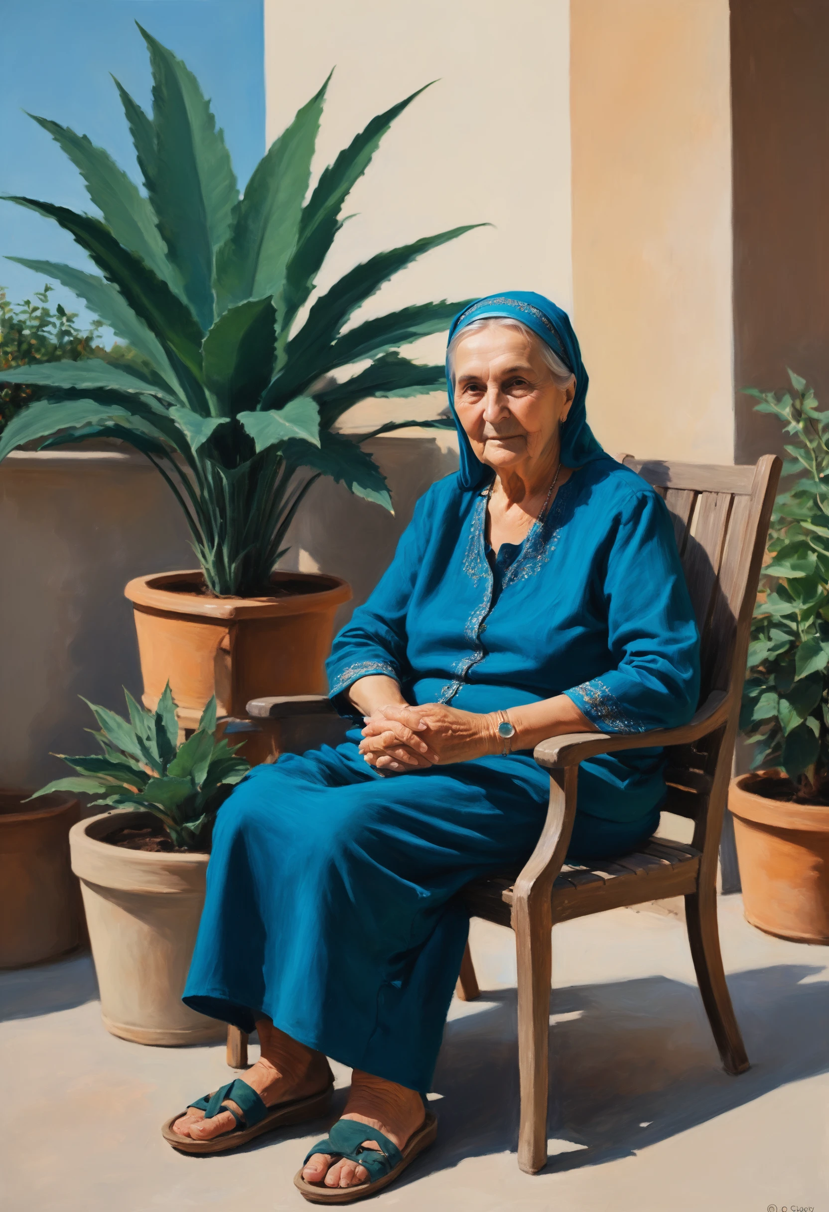 1elder woman sitting on chair, outdoor, plant <lora:tahir_salahov_style:0.8>