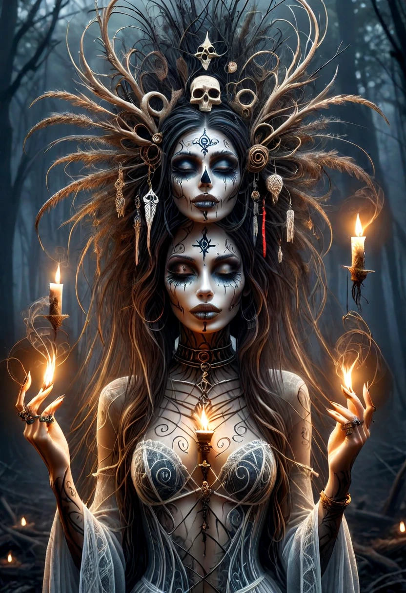 mad-wsps,a voodoo woman wearing voodoo style clothing in a dark forest, voodoo symbols and tattoos, candles, smokey, spiritual, celestial, highly detailed, (masterpiece, high detail, best quality), realistic