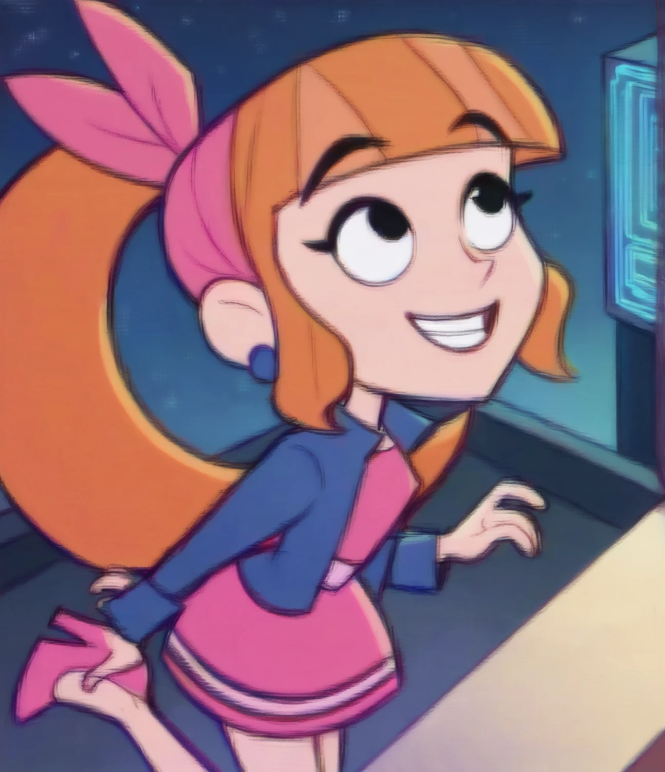 1girl, 2d artwork,masterpiece, <lora:teodoraponyv2:0.8> teodora, score_9, score_8_up, score_8, source_anime, teodorapony, 1girl, solo, jewelry, earrings, long hair, orange hair, black eyes, bandana, bangs, ponytail, high heels, blunt bangs,skirt, pink footwear, ponytail, pink dress, high heels, pink skirt, jacket, dress, ((night time, city, neon lights)),cowboy shot, looking up, smiling, happy, from above