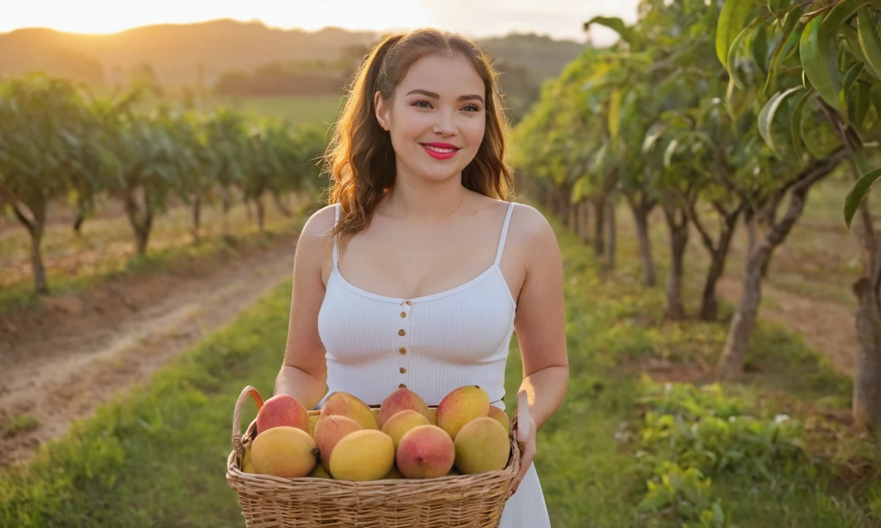 rojwoman, smiling, busty, cleavage, sexy outfit, carrying a basket of mangoes on a field, mango orchard in the background, golden hour
