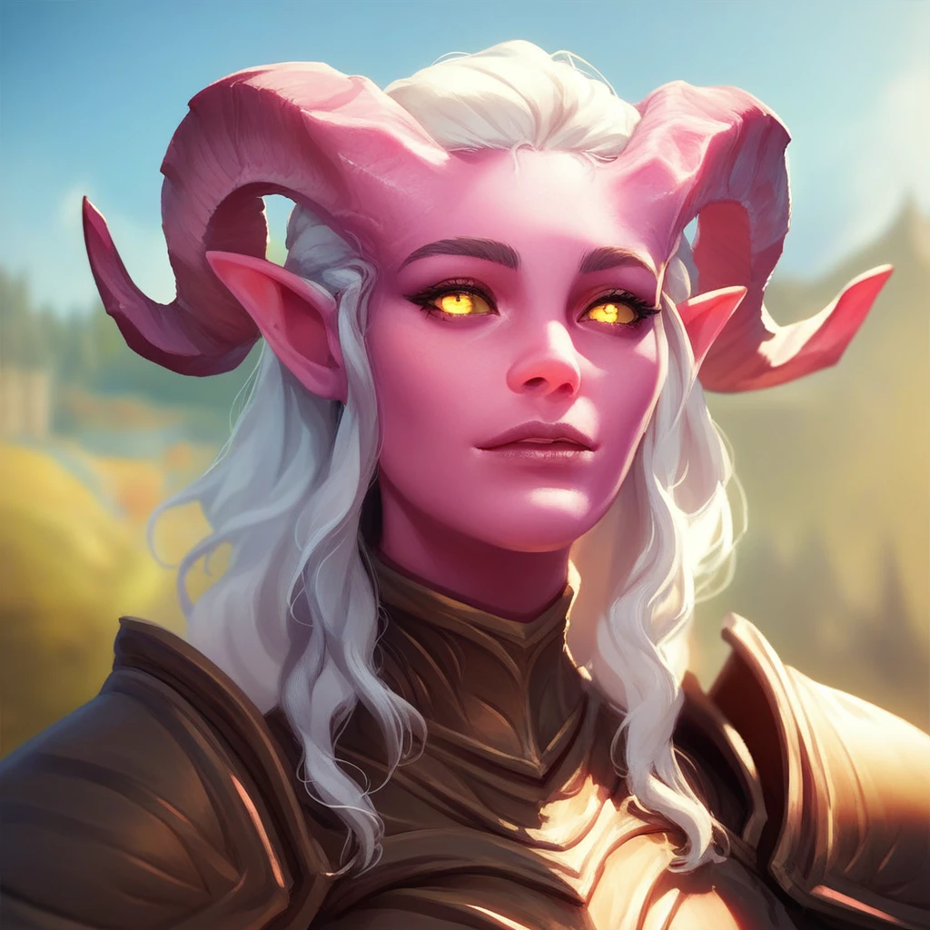 (((beautiful, high quality))), portrait, score_9, score_8_up, score_7_up, Tiefling, pointed ears, horns, colored sclera, 1girl, pink skin, white hair, yellow eyes, armor, fantasy background, blurred background