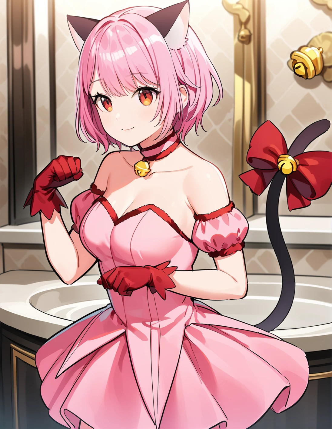 1girl, solo, <lora:sdxl-lyco-mew_ichigo-cosplay-animagine_xl_3_1-AdamW8bit-v1-1-1:1:lbw=0,0,0,0,0,0,0,0,1,1,0,0,0,0,1,1,1,0,0,0,0,0,0,0,0,0>, mew_ichigo_cosplay, cornrows hair, pink hair, , tail bow, gloves, cat tail, red gloves, tail bell, choker, detached sleeves,pink dress, strapless, relaxed posture, elbows extended, standing, ,,smile, best quality, very aesthetic, ultra-detailed, intricate details, 4k,BREAK in a luxurious bathroom