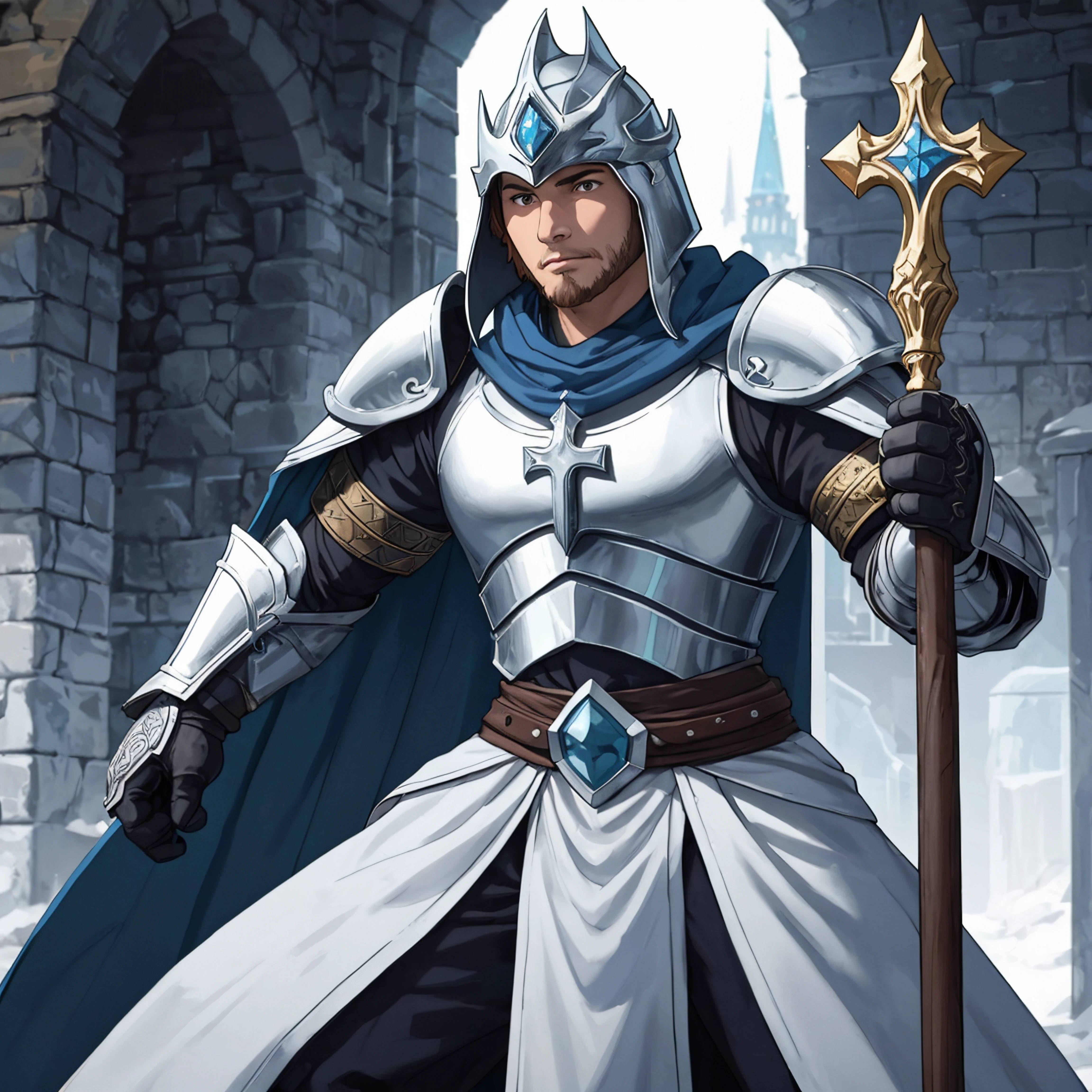 ic34rmor, wearing ice paladin armor, ((fighting stance)), holding ice shield, medieval fantasy city background, indoors, helmet, cape, cross, (realistic), masterpiece, intricate details, detailed background, depth of field, photo of a man, ice background, shiny background, ice castle in the background, holding a staff of ice, studio ghibli