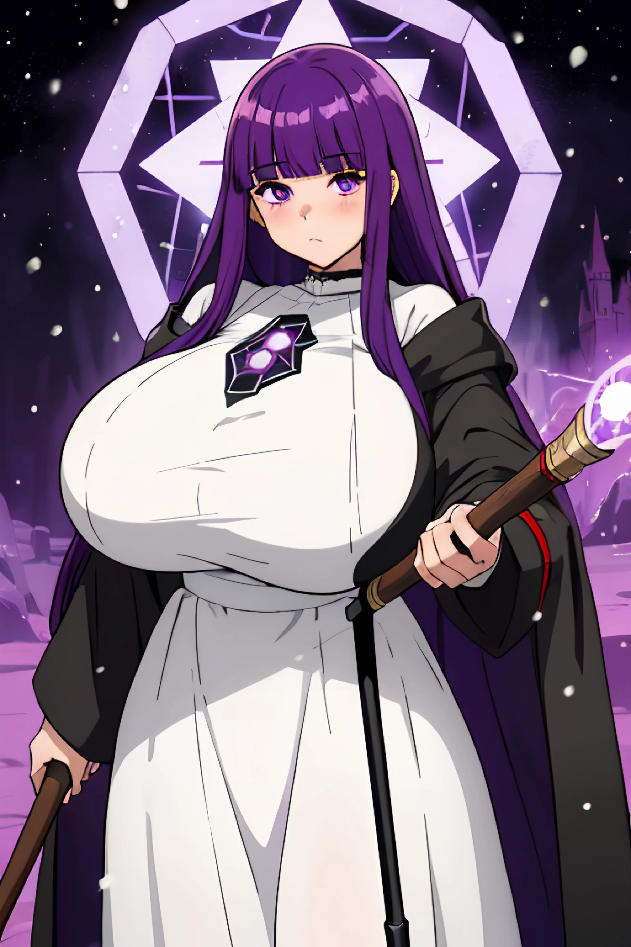 1girl,pouting,looking at viewer,white dress,black robe,wooden staff,purple hair,long hair,blunt bangs,purple eyes,(gigantic breasts:1.35),holding staff,casting spells,magical stance,snowing,outdoors,glowing magic beam,magic circle,hexagons,<lora:Fern:0.95>