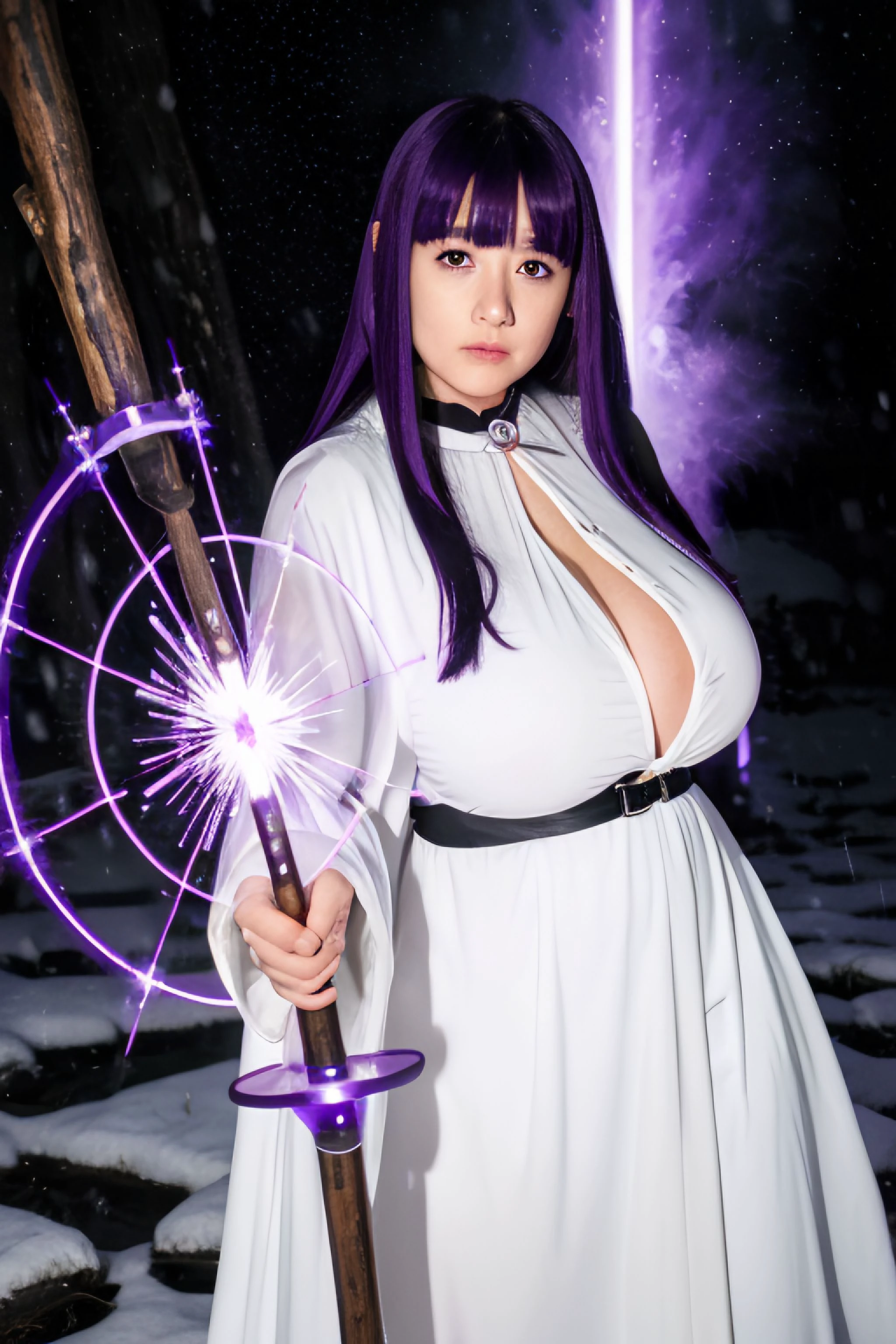 1girl,pouting,looking at viewer,white dress,black robe,wooden staff,purple hair,long hair,blunt bangs,purple eyes,(gigantic breasts:1.35),holding staff,casting spells,magical stance,snowing,outdoors,glowing magic beam,magic circle,hexagons,<lora:Fern:0.95>