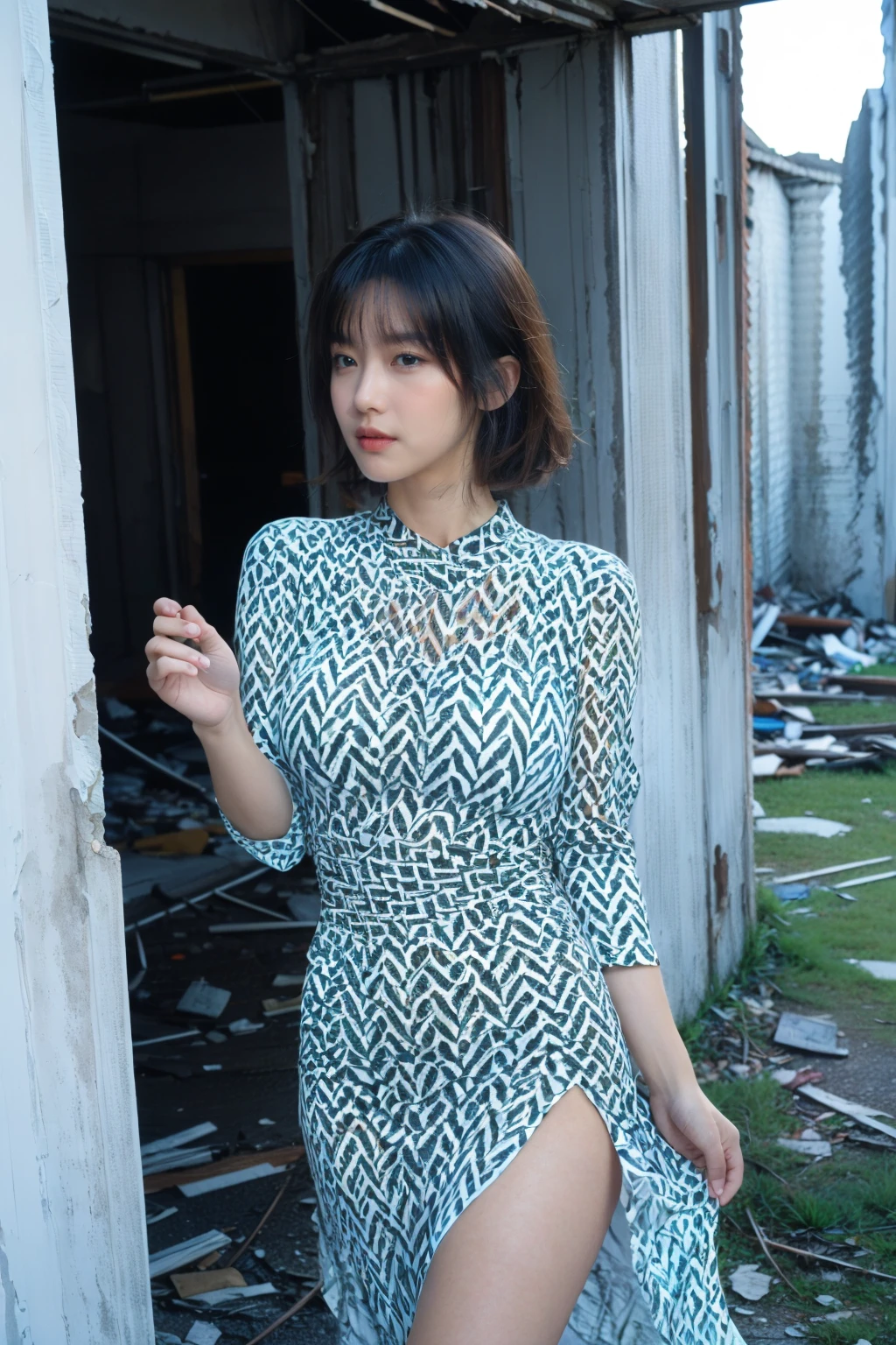 (8k, RAW photo, best quality, masterpiece:1.2,),Realistic,best quality,masterpiece,8K,HDR,RAW,1girl,seductive expression,charming,solo,(model:1.2),(standing),(solo),(Ruins, run-down buildings, abandoned buildings,),large breasts,front view,Looking at the audience,<lora:add_detail:0.6>,<lora:GoodHands-beta2:1>,<lora:ENNE é»ç½çè¢è¿è¡£è£_v10:1>,,short-sleeved dress, chequered with black and white,