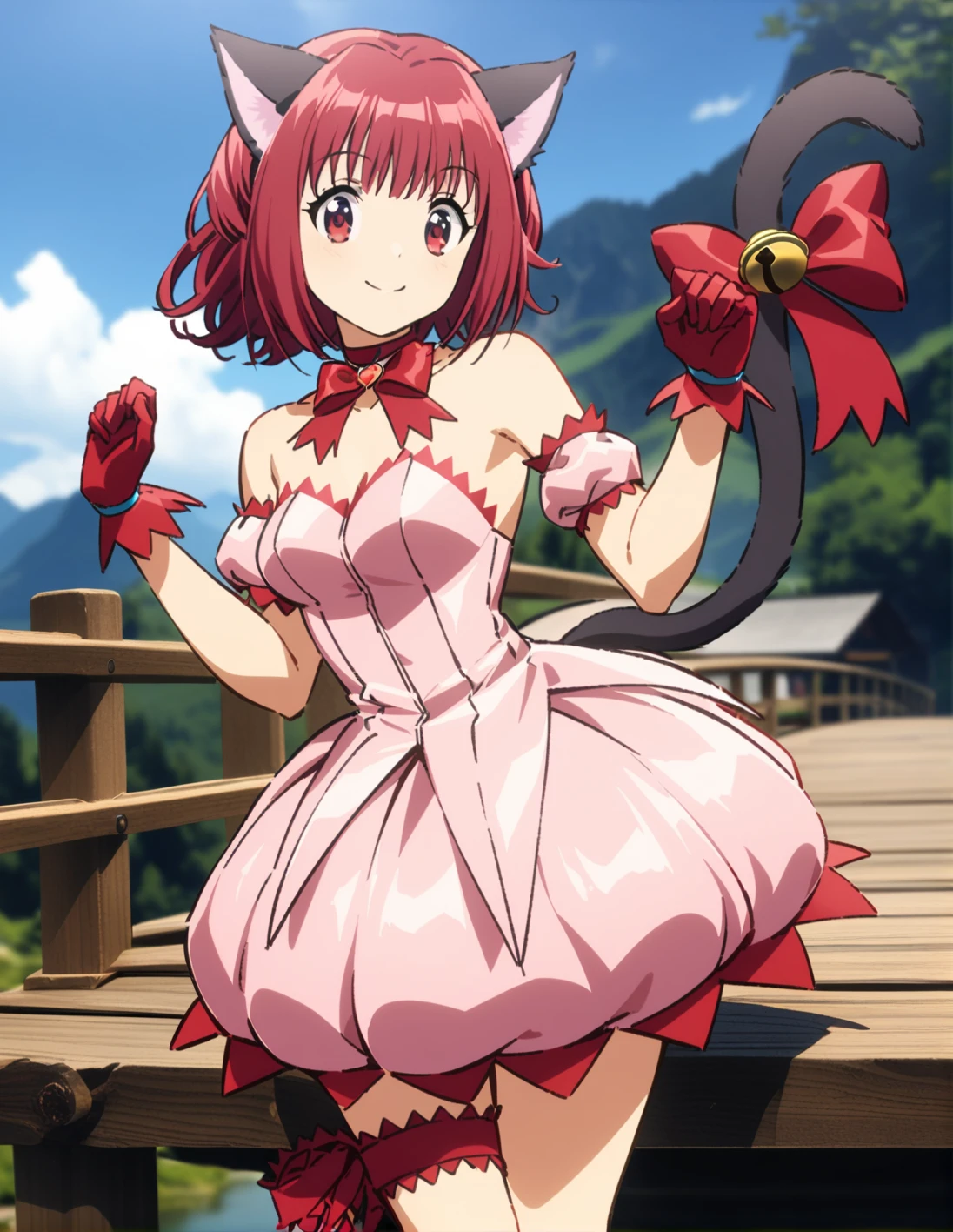 1girl, solo, <lora:sdxl-lyco-mew_ichigo-remake-animagine_xl_3_1-v1:1>, mew_ichigo_remake, tail bow, gloves, cat tail, red gloves, tail bell, choker, detached sleeves,pink dress, strapless, relaxed posture, elbows extended, standing, ,,smile, best quality, very aesthetic, ultra-detailed, intricate details, 4k,BREAK on a wooden bridge