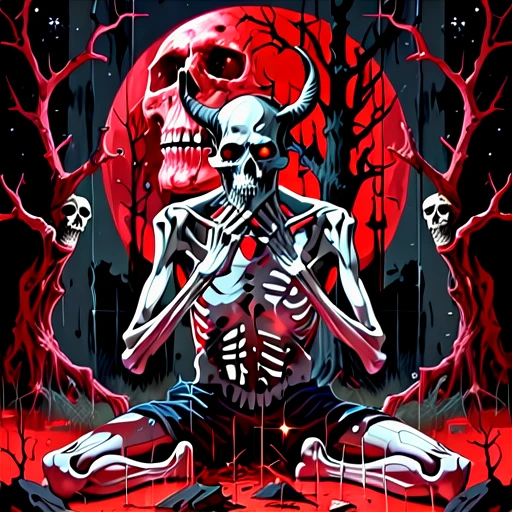 Horror_cg,a painting of a man sitting in front of a mirror with his hands on his knees and his face partially obscured by his hands,starry background,video art,red theme,derek gores,cosmic horror,sharp teeth,a creepy tree with a skull on it and a full moon in the background with a creepy tree in the foreground,a skeleton with a bloody face and hands in the dark with a full moon behind it,surrounded by other heads,a drawing of a demon with long horns and a demon head on it's face,<lora:horror_by_cgsdxl:0.4>,