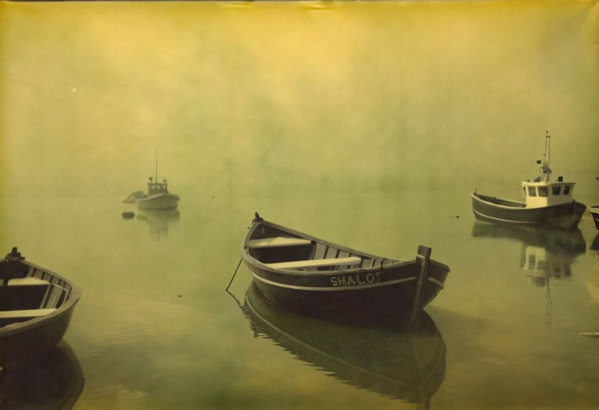 colouring_experiment_analogue, a foggy sea with some fisherboats, hard shadow