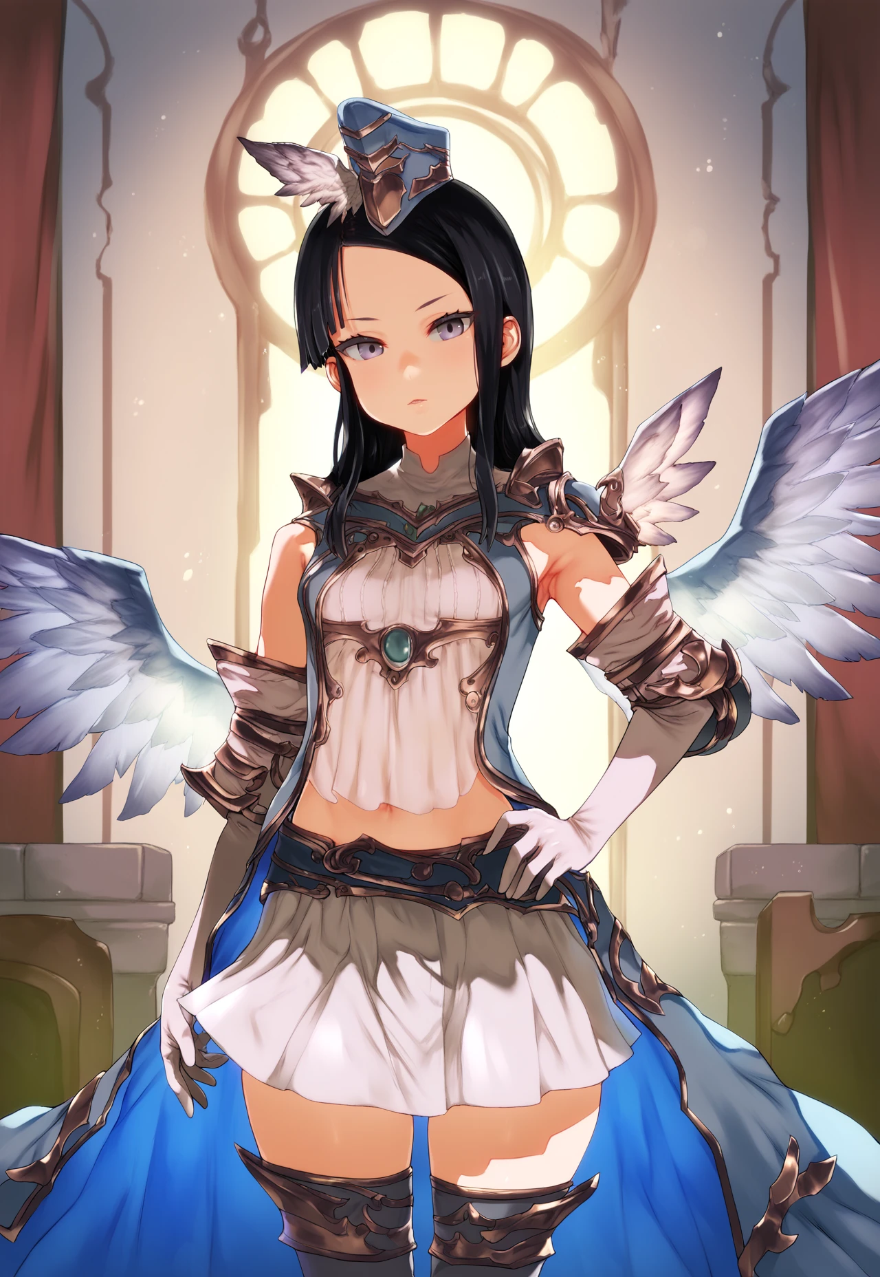 asanagi,  (score_9, score_8_up, score_7_up, :1.2)  detailed, highres, absurdres, a girl standing indoors, 1girl,   solo, standing, looking at viewer, pose, hand on hip, contrapposto , indoors,
purple eyes, [[glowing feathered wings]], waist cape, faulds, showgirl skirt, hat, parted bangs, long hair, black hair, grey eyes, skirt, white skirt, transparent, see-through, midriff, thighhighs, gloves, detached sleeves, armor, petite, small breasts, 
[[hands]], rating_safe   <lora:sdxl_asanagi_v1:0.6>     <lora:ElanaPonyTest:1>