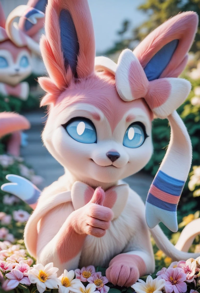 score_9, score_8_up, score_7_up,furry, sylveon, Stare into the distance, flower, cozy, cute, 8k, hd, photo, single thumbs up   